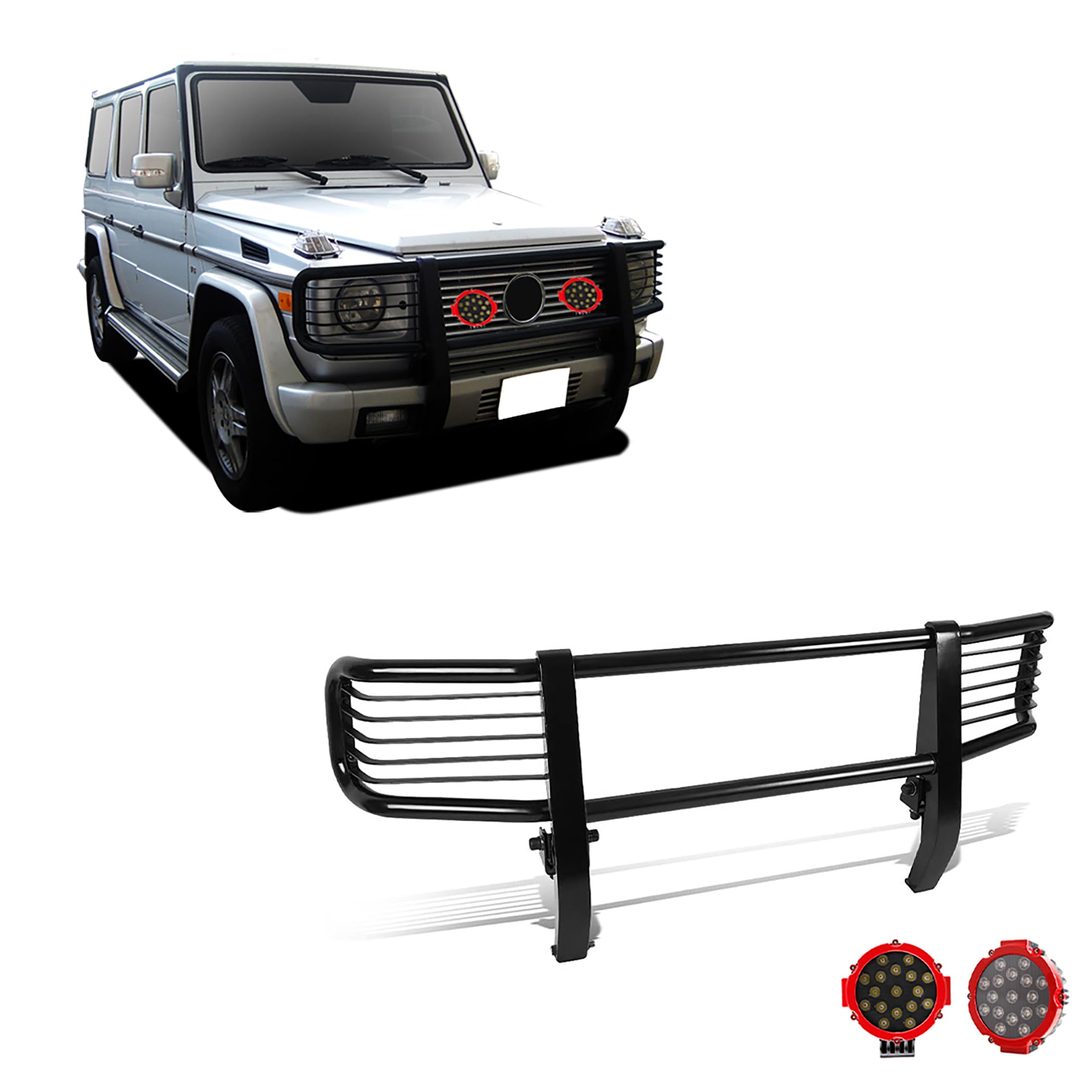 Bumper Guard Modular Black Black Horse Grille Come With pair of 7.0"Dia.LED Lights with Red Trim Rings Compatible with 2003-2010 Mercedes-Benz G55 AMG|1999-2010 Mercedes-Benz G500-PGBZA008A-PLR