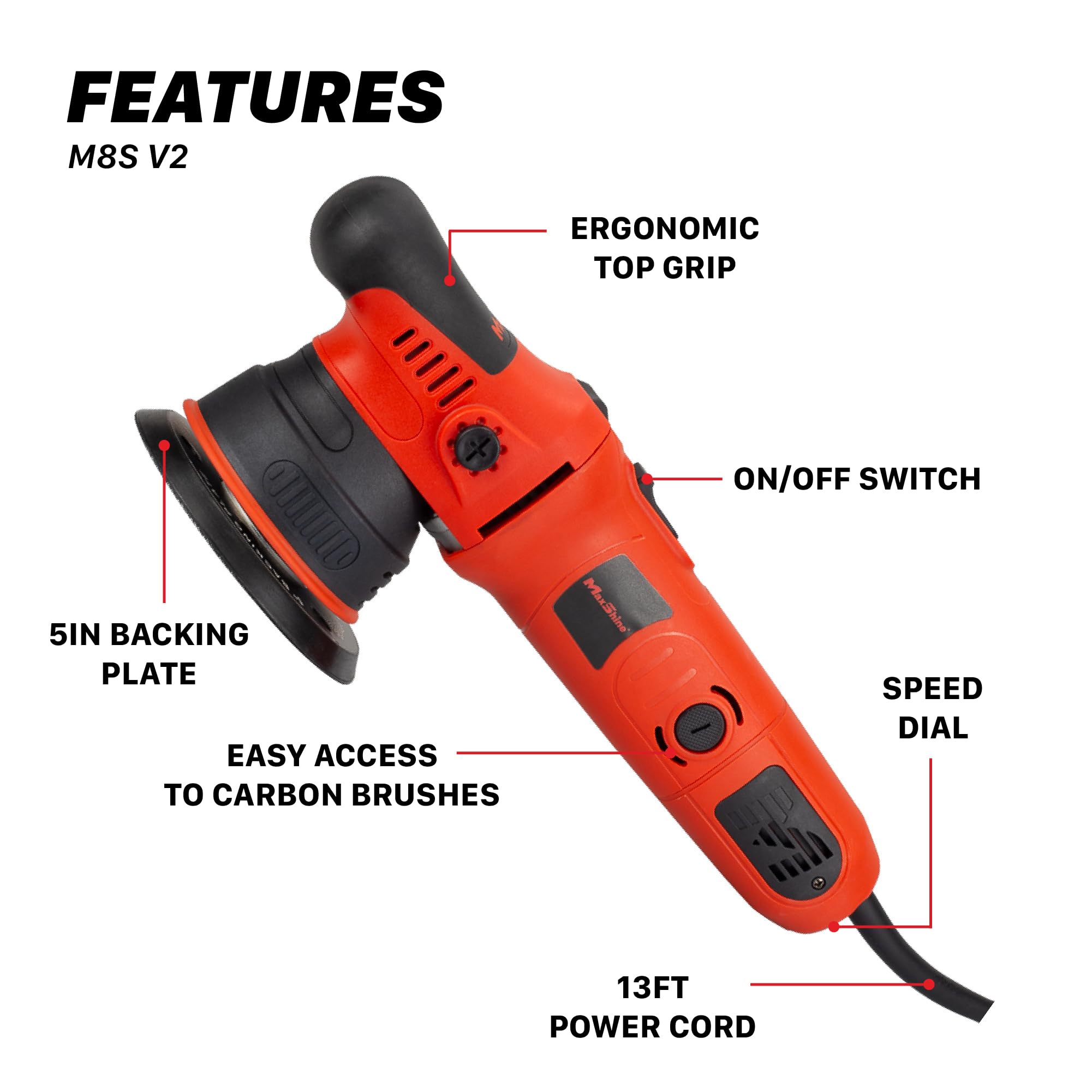 M8S V2 Maxshine Dual Action Polisher | 8mm Throw, 5” Backing Plate, 1000W Motor, 6-Speed | Thread 5/16” | Auto, Boat & Marine Detailing Tool for Paint Correction, Swirl & Scratch Removal