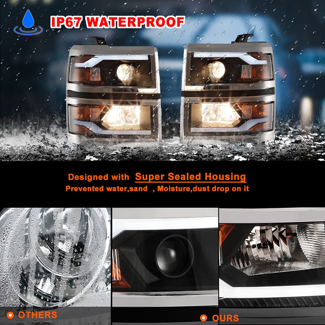 Winjet LED DRL Bar Projector Headlights Compatible with [2014-2015 Chevrolet Silverado 1500], Black (WJ10-0382C-04)