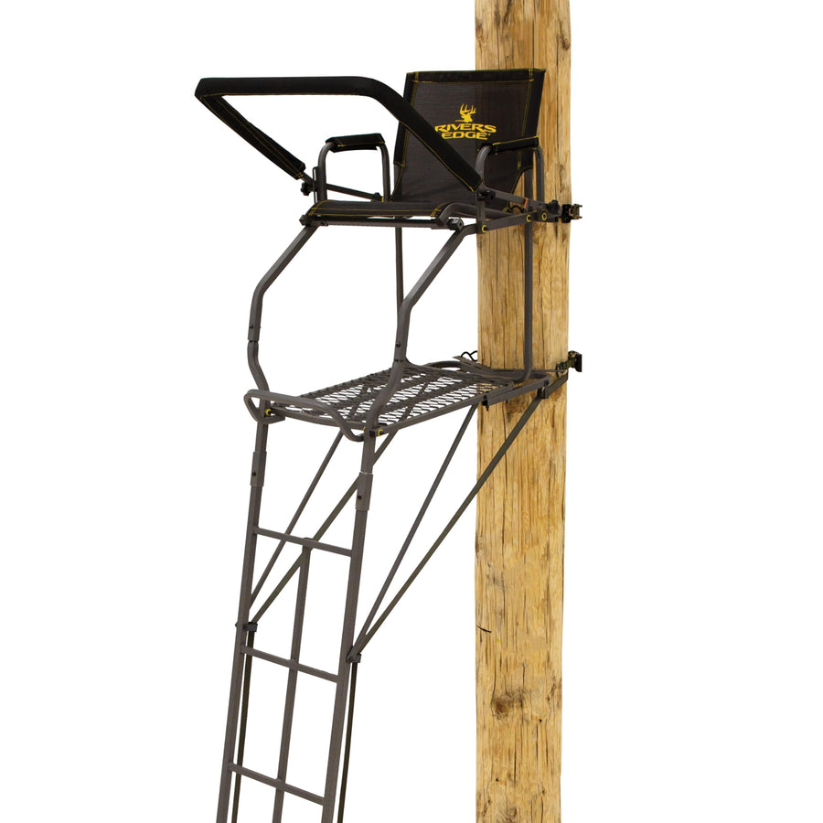 Uppercut LS Rivers Edge 1-Man Ladder Stand, 22'3" Height, Lockdown Strapping System, Flip-Up TearTuff Mesh Seat, 27" Deep Platform, Flip-Out Footrest, 2-Way Adjustable Shooting Rail, RE671