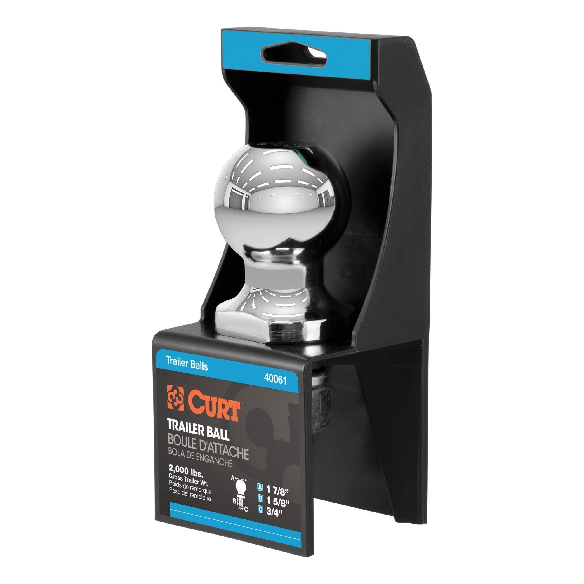 CURT 40061 Trailer Hitch Ball Chrome, 2,000 lbs, 1-7/8-Inch Diameter, 3/4 x 1-5/8-Inch Shank
