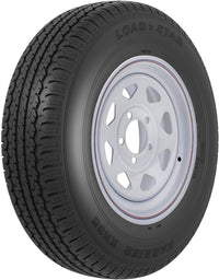 31368 AMERICANA ST225/75R15 E/6H SPK WH STR KR, 15 Inch Diameter x 6 Inch Width; 6 x 139.7 Millimeter/ 6 x 5.50 Inch Bolt Pattern; 8 Spoke; 2 Piece Welded Steel Construction; White With Stripes; ST225 x 75R15; 1 Year Worry-Free Warranty; Tr