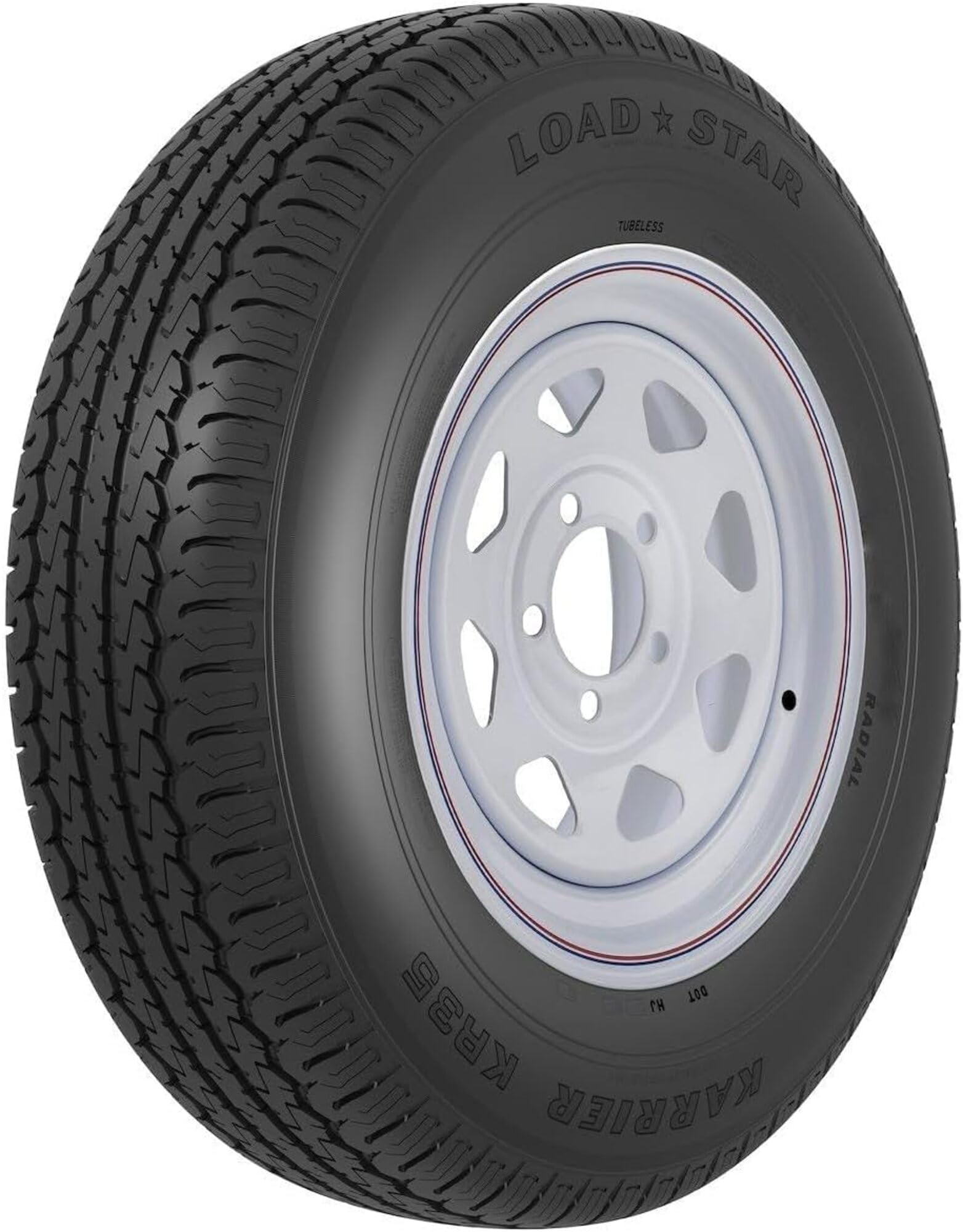 31368 AMERICANA ST225/75R15 E/6H SPK WH STR KR, 15 Inch Diameter x 6 Inch Width; 6 x 139.7 Millimeter/ 6 x 5.50 Inch Bolt Pattern; 8 Spoke; 2 Piece Welded Steel Construction; White With Stripes; ST225 x 75R15; 1 Year Worry-Free Warranty; Tr