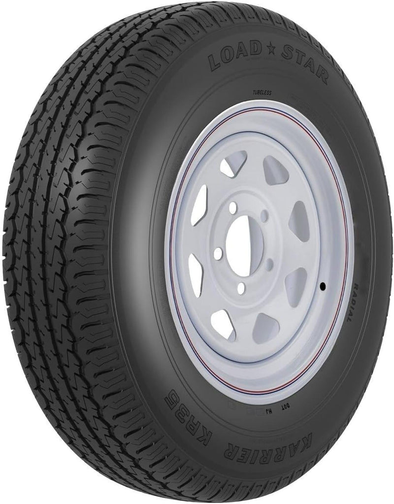 31368 AMERICANA ST225/75R15 E/6H SPK WH STR KR, 15 Inch Diameter x 6 Inch Width; 6 x 139.7 Millimeter/ 6 x 5.50 Inch Bolt Pattern; 8 Spoke; 2 Piece Welded Steel Construction; White With Stripes; ST225 x 75R15; 1 Year Worry-Free Warranty; Tr