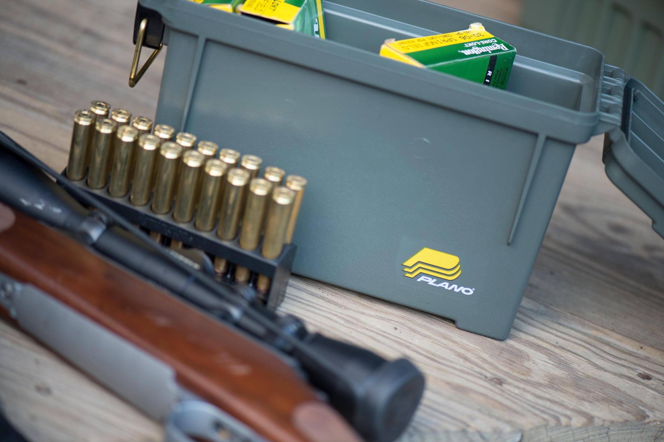 Plano Ammo Field Box, OD Green, Lockable Ammunition Storage Box with Heavy-Duty Carry Handle, Small Plastic Ammo Storage, Water-Resistant Protection, Holds 6-8 Boxes of Ammo