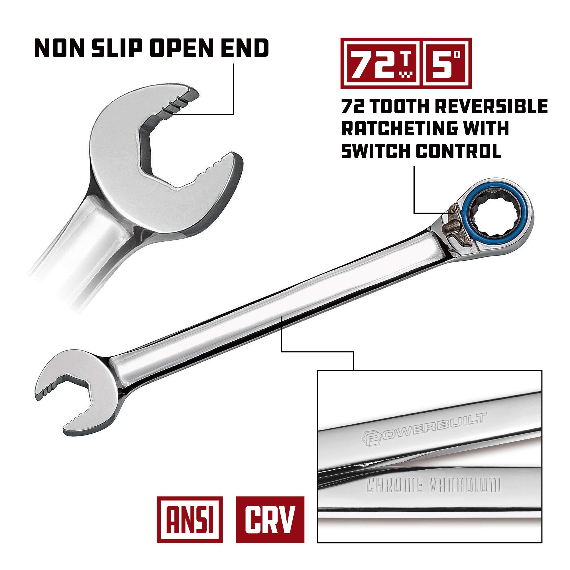 Powerbuilt Reversible SAE Ratcheting Wrench Set, 11 Piece, 72 Tooth Switch Control, 5 Degree, Non-Slip Open End, Storage Tray - 949015