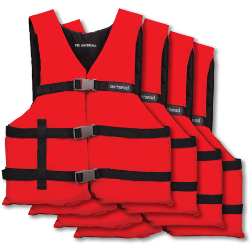 AIRHEAD Life Jacket General All Purpose, US Coast Guard Approved Type III unisex adult Life Vest Perfect for Boating and Personal Watercraft Use - 4 Pack, Red