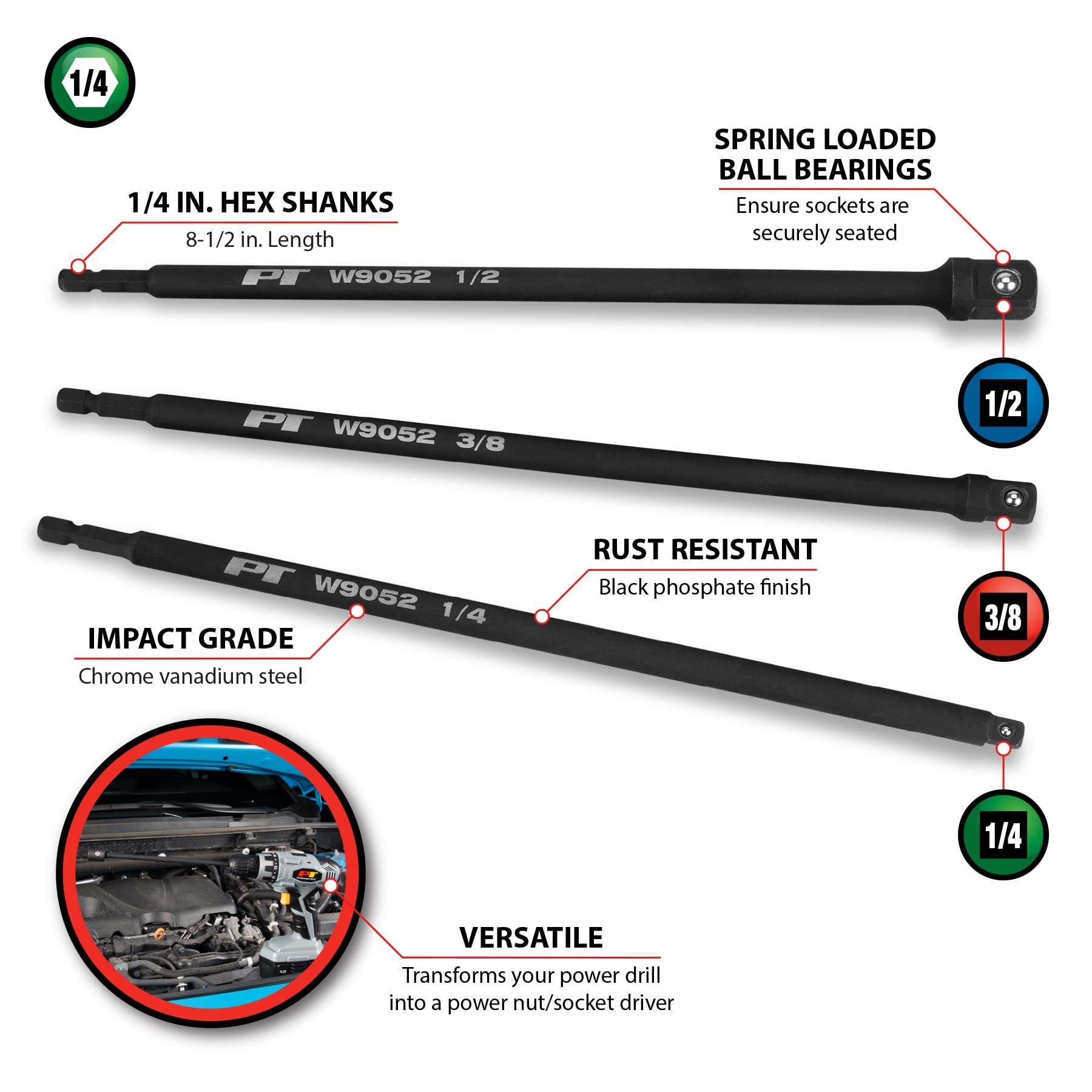 10-Inch Performance Tool W9052 Socket Adapter Set (3 Pieces) Chamfered Square Drive in 1/4, 3/8 and 1/2-Inch Drive Sizes, Ideal for Extending Reach and Flexibility of Power Tools and Hand Tools