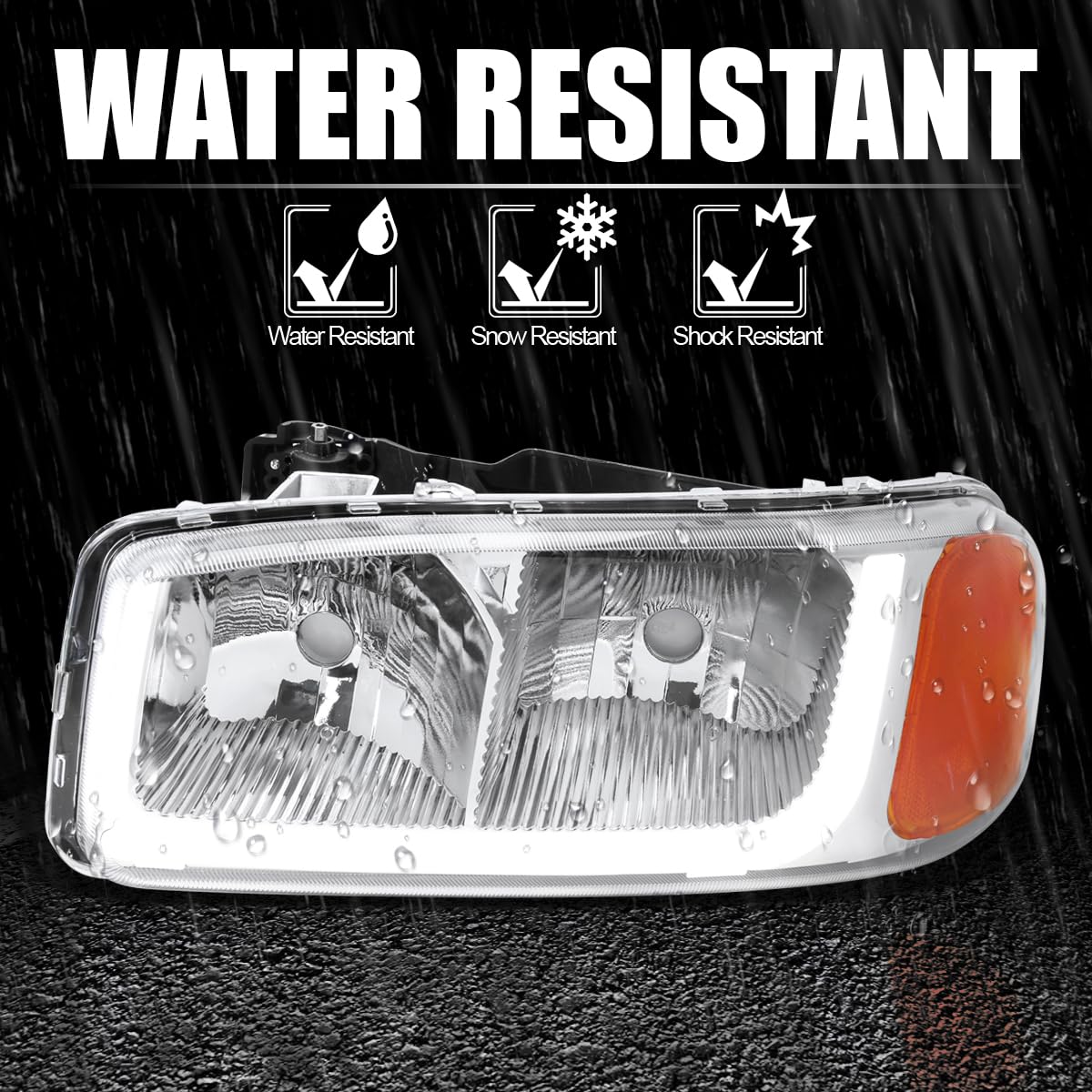Headlights Lamps+LED Tube Strip SPEC-D TUNING Compatible with 1999-2006 GMC Sierra 1500/2500/3500, L+R Pair Head Light Lamp Assembly