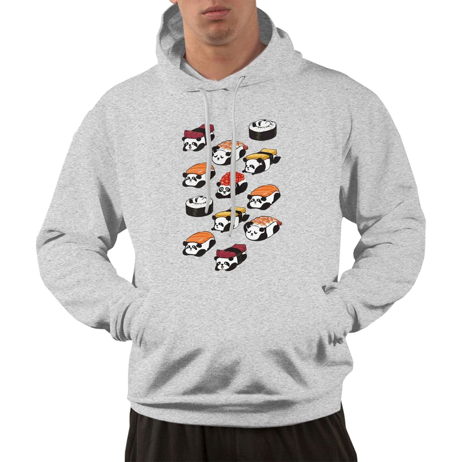 Sushi Panda Banzie Personalized 3D Printing Cartoon Hoodie Fleece Round Tie Pocket Pullover Sweater Fall Winter Pullover Thickening, Gray, Large