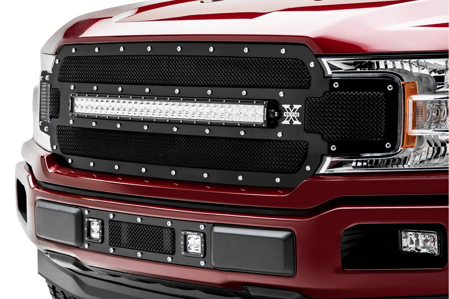 T-Rex Grilles Torch Bumper Grille 2018-2020 F-150 Limited, Lariat, Black, 1 Pc, Replacement, Chrome Studs with (2) 3 Inch LED Cube Lights - PN #6325791
