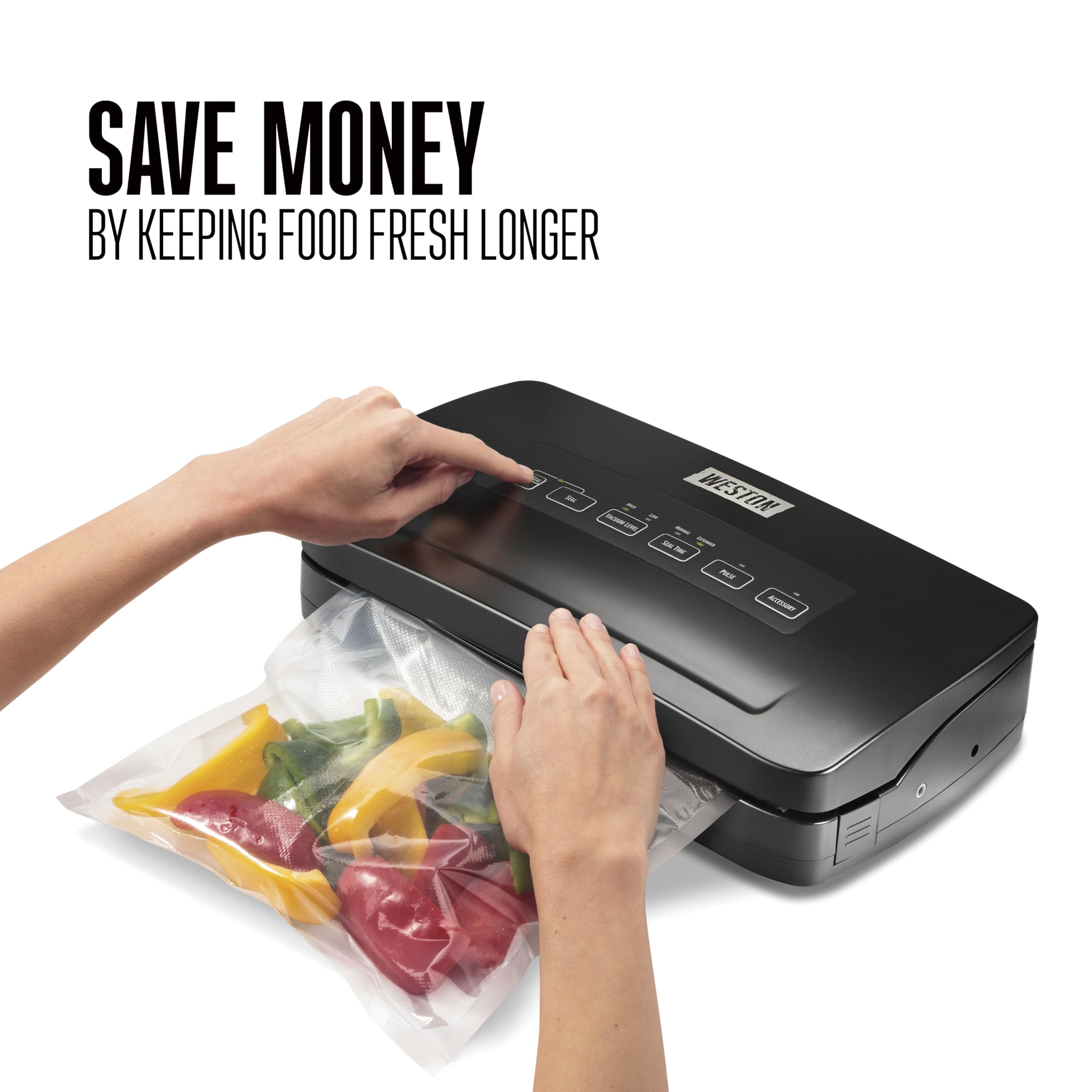 Vacuum Sealer Machine Weston Brands for Food Preservation & Sous Vide, Seals Bags up to 11” Wide, 110 Watts, 22.5” HG Strength, Includes Roll Storage and Starter Pack, Black (65-3001-W)