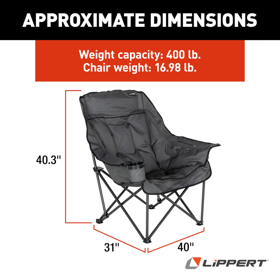 Lippert Heated Big Bear Dark Grey Folding Camping Chair with Power Bank, Two Heat Zones, 400-lb. Weight Capacity, 600D Polyester Fabric, High-Loft Cushioning, Zippered Carrying Bag - 2024043334