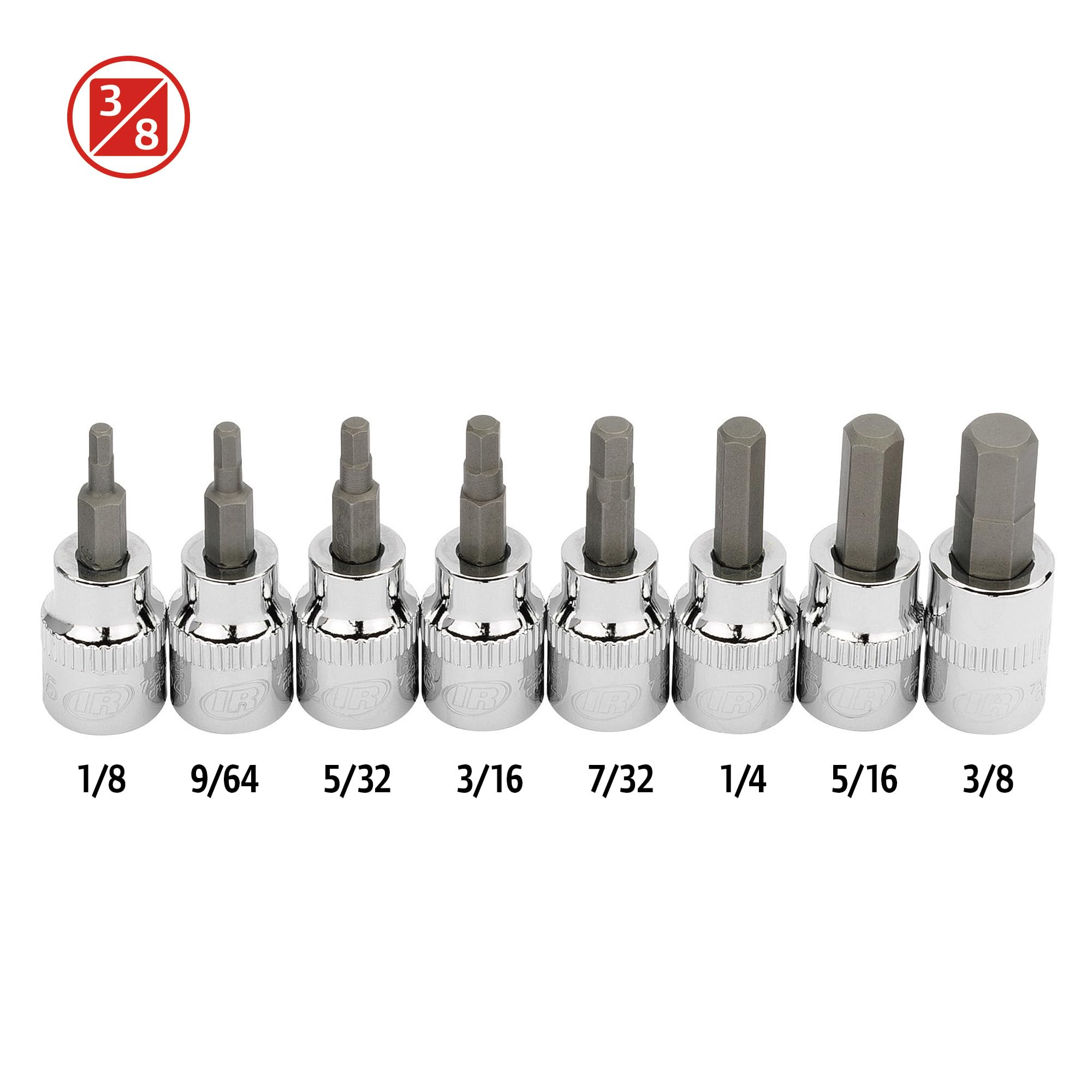 Ingersoll Rand 8-Piece SAE Hex Bit Socket Set 3/8 in. Drive – Sizes 1/8" to 3/8", Industrial-Grade S2 Steel, Mirror-Polished Chrome Vanadium Sockets, Thermoform Tray – 752028