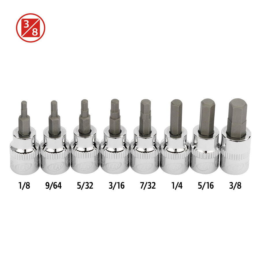 Ingersoll Rand 8-Piece SAE Hex Bit Socket Set 3/8 in. Drive – Sizes 1/8" to 3/8", Industrial-Grade S2 Steel, Mirror-Polished Chrome Vanadium Sockets, Thermoform Tray – 752028