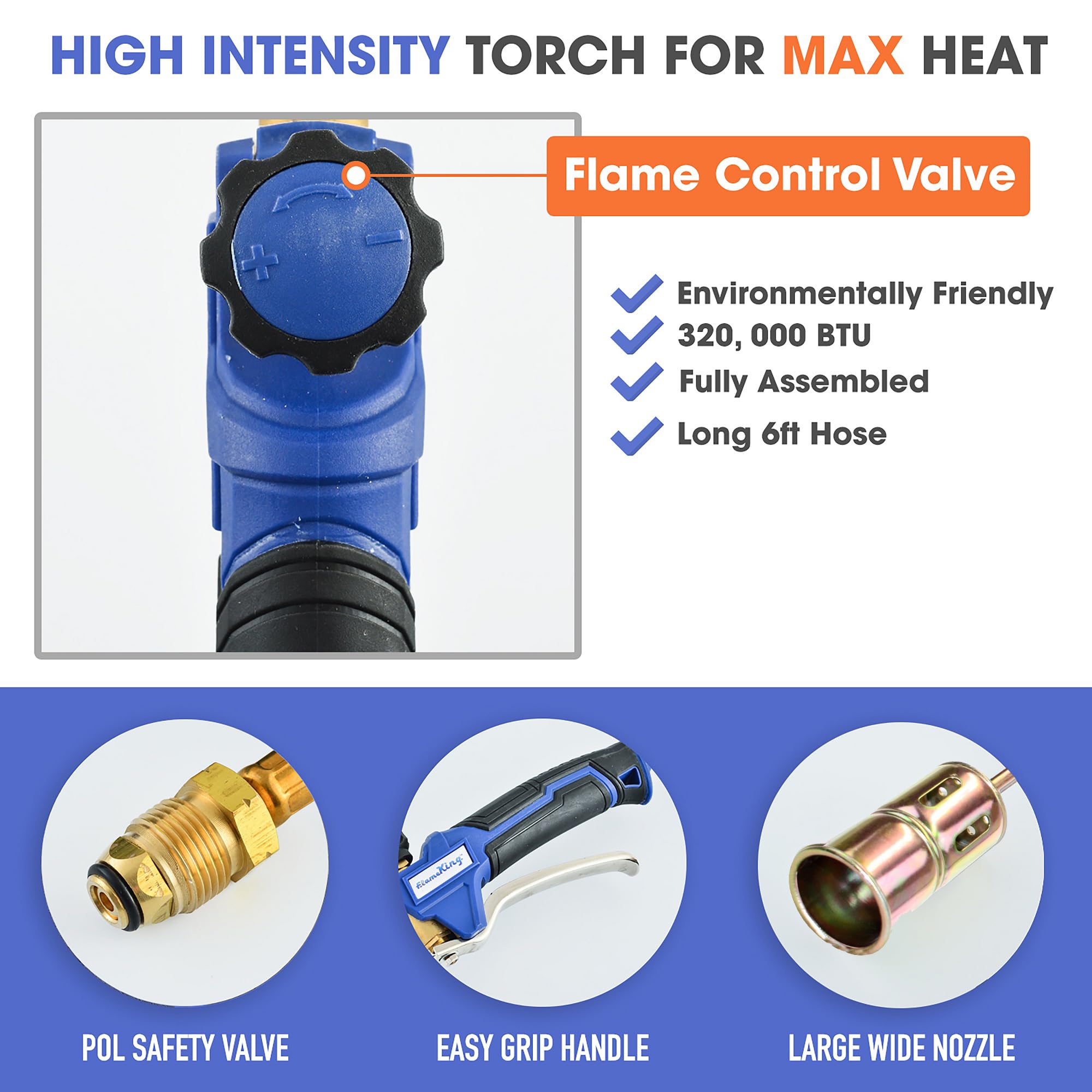 Flame King Heavy Duty Propane Torch Kit Weed Burner Powerful 320,000 BTU with 6-ft Hose Regulator Assembly