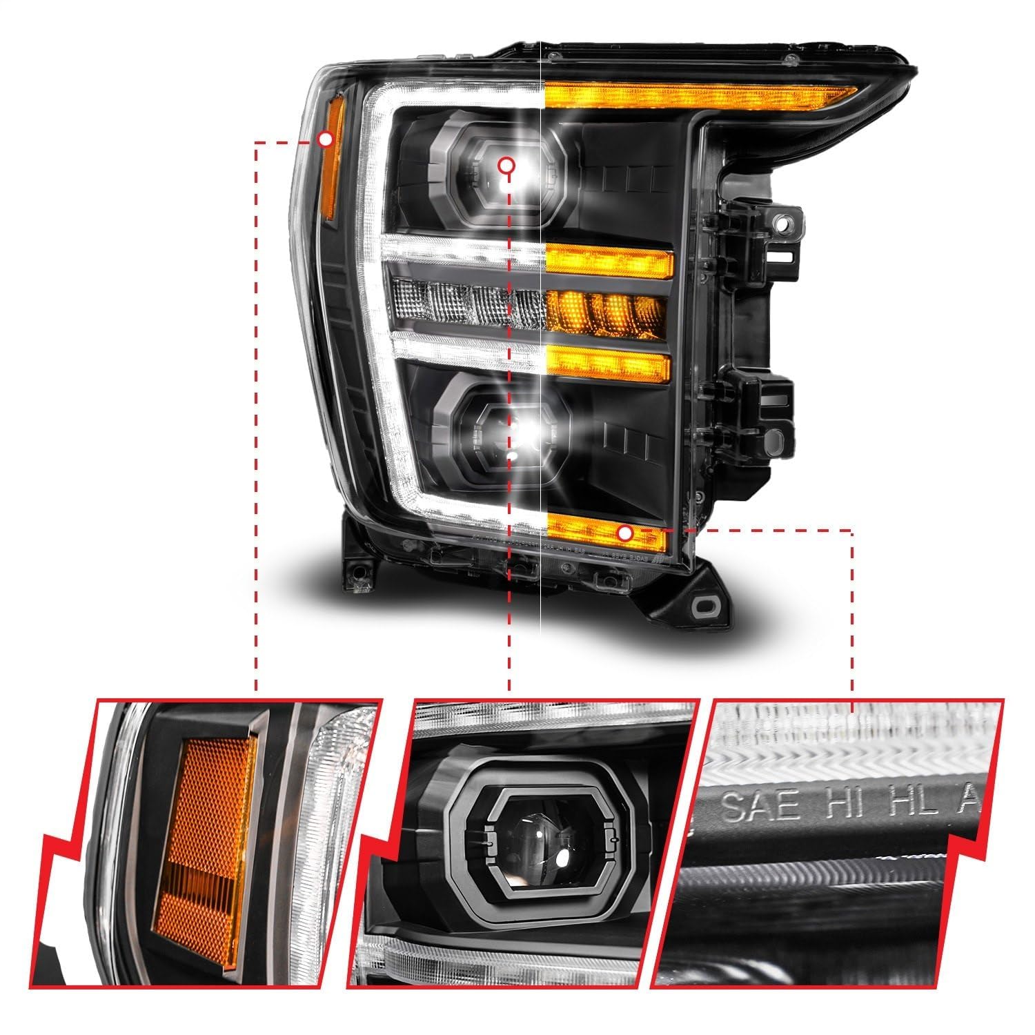 Passenger Side ANZO 111594-R Black Light Tube Projector LED Headlight With DRL And Sequential Turn Signal