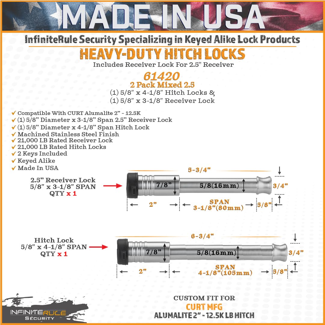 2 Pack Mixed 2.5, Keyed Alike, Hitch Lock for Adjustable Curt Alumalite Hitch 2" 12.5K LB - Includes Lock for 2.5" Receiver