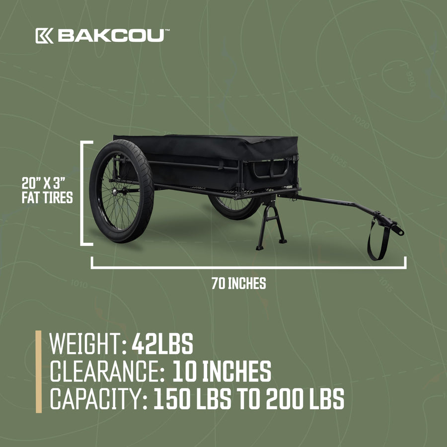 Folding Cargo eBike Trailer Bakcou - with 20" x 3" Fat Tires, Canvas Liner, Hitch, Axle Extenders & Kickstand - 150-200 lbs Capacity