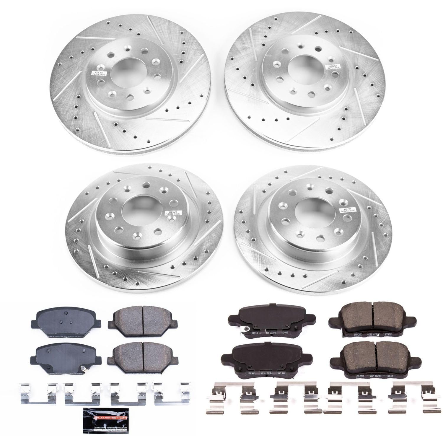 Power Stop K7565 Z23 Carbon Fiber Brake Pads with Front and Rear Drilled & Slotted Brake Rotors Kit