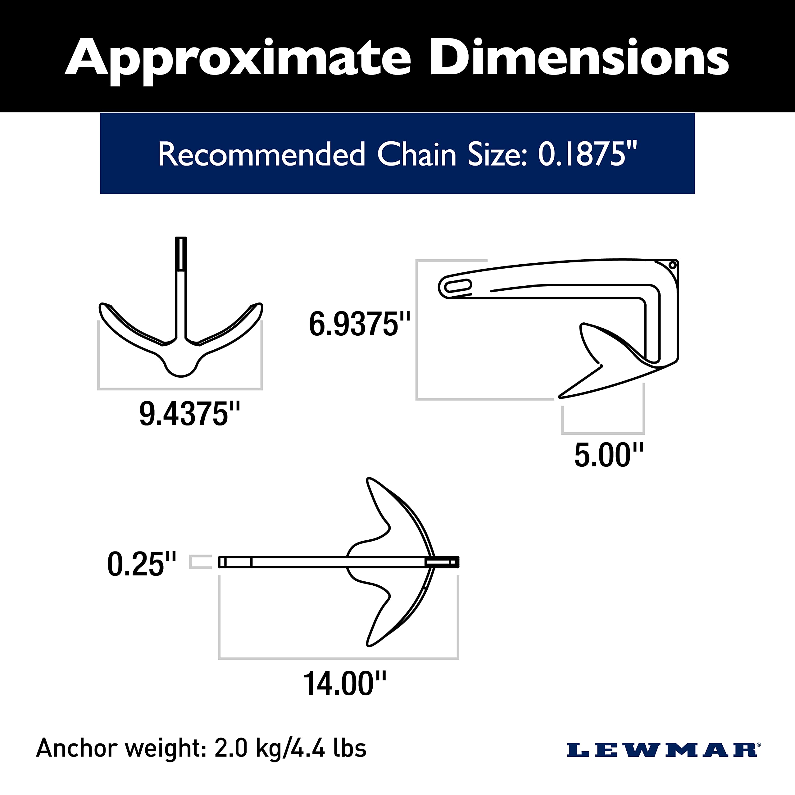Lewmar Claw Anchor Stainless Steel 4.4 Lbs./2kg for Boats 17'-21'