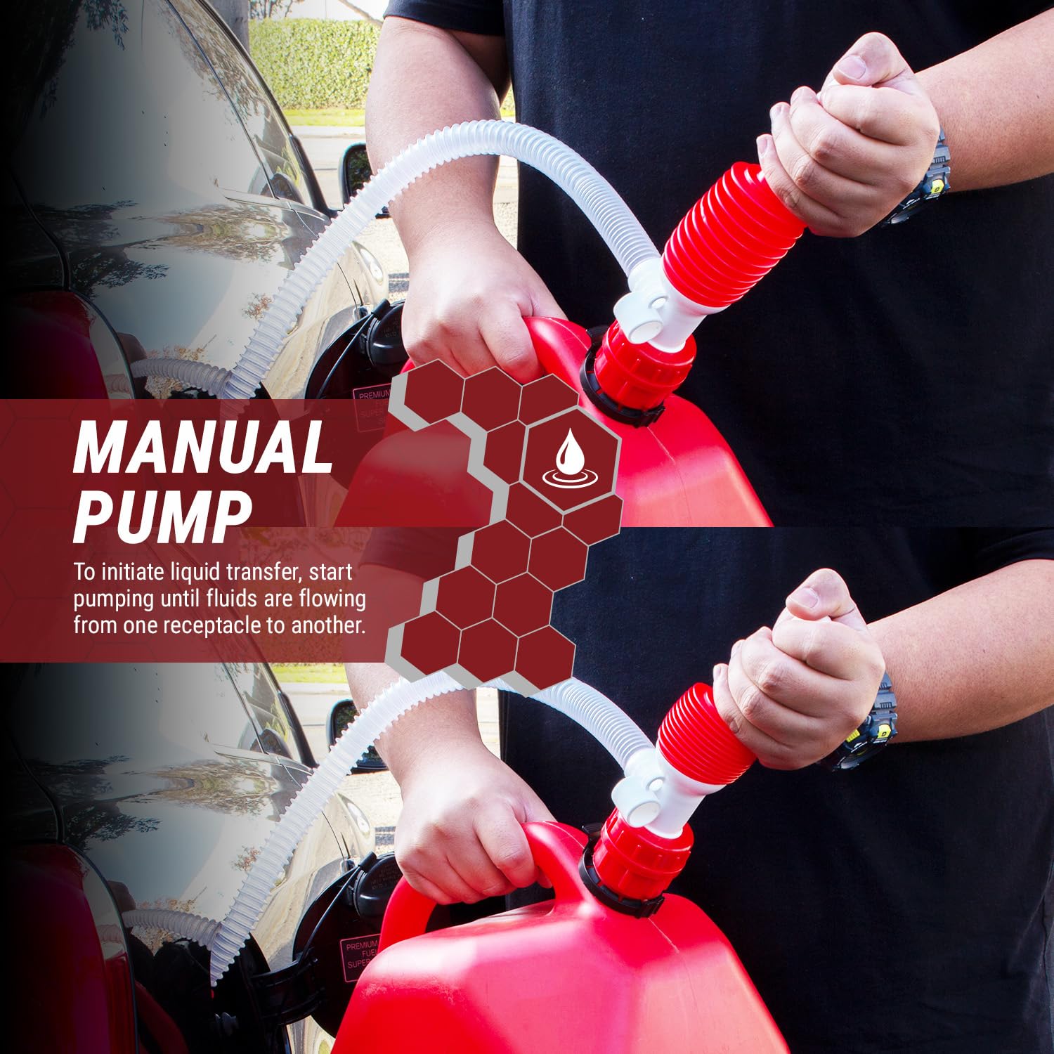 TERA PUMP Manual Fuel Transfer Pump TRM20 w/Bendable Intake Hose and 3 Different Gas Can Adapters, No Heavy Lifting, Transfer up to 3.2 Gallons per Minute