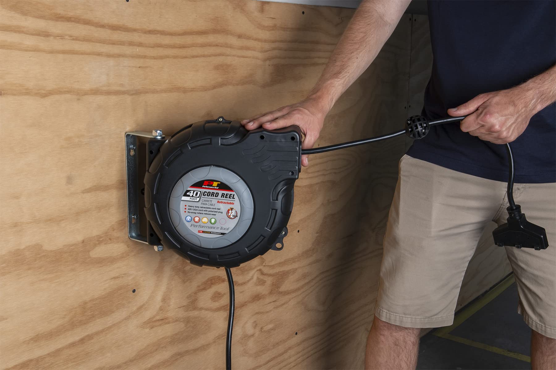 40ft Performance Tool W2278 12-Gauge Retractable Power Cord Reel with Spring Loaded Auto-Rewind