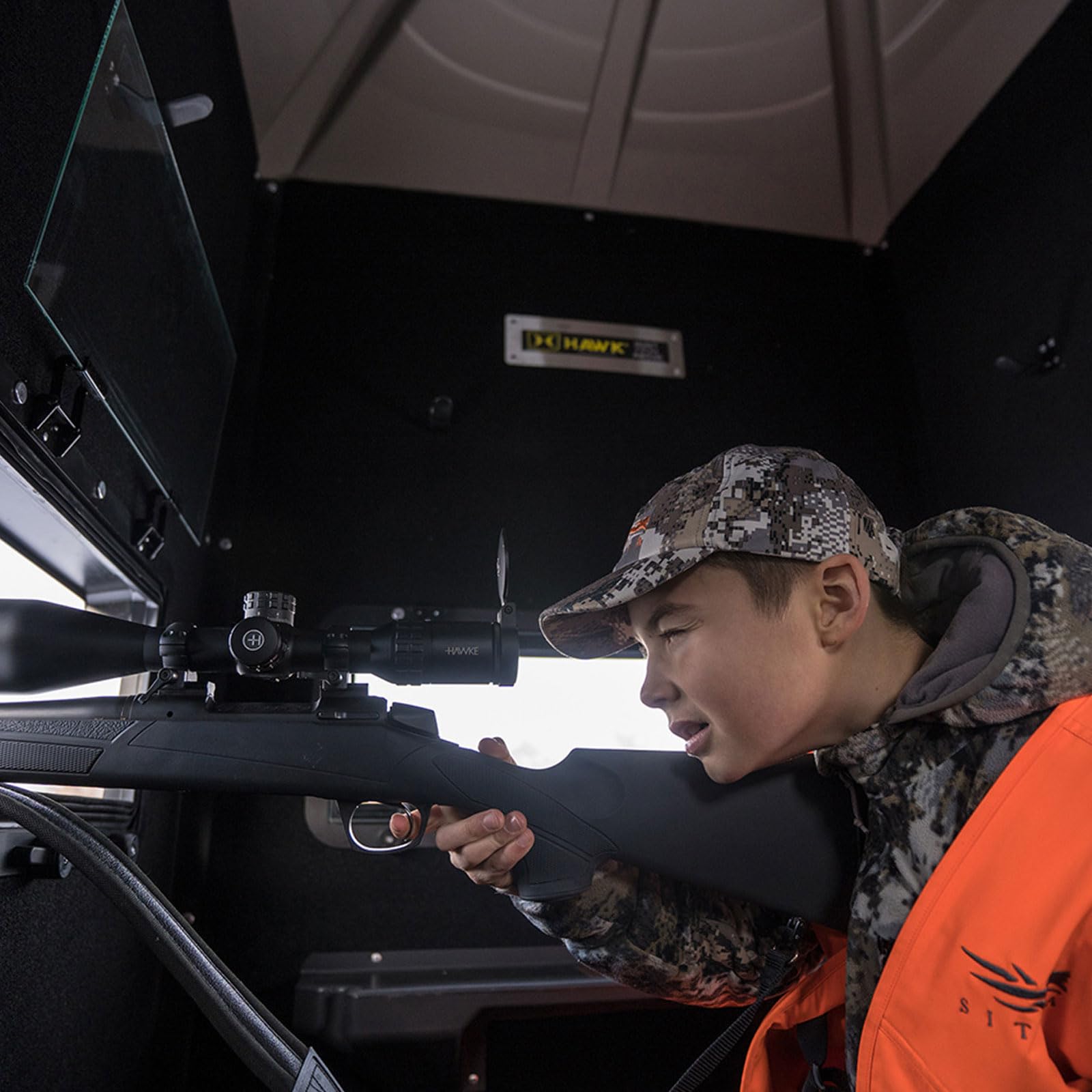 Double Hawk Hunting 4' W x 6' D x 6.5' T Assembled Camo Concealing Insulated Steel Box Blind | Floor with Rubber Pad and Multiple One-Hand-Operable Windows | Blind w/ 10ft Elite Tower