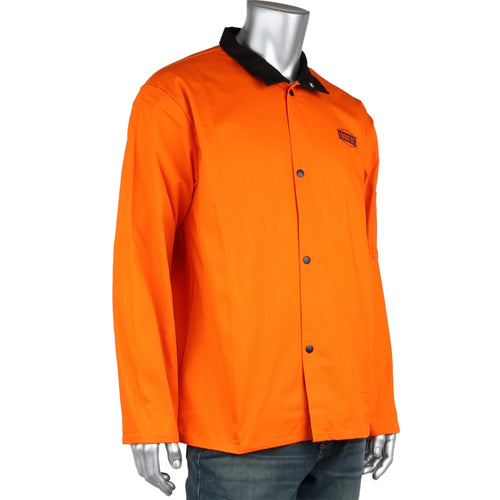 FR Treated Ironcat Cotton Sateen Jacket, 9 oz., Anodized Snaps, Interior Pocket, Pop-up Welders Collar, Scribe Pocket, Orange, 5X-Large (7050O/5XL)