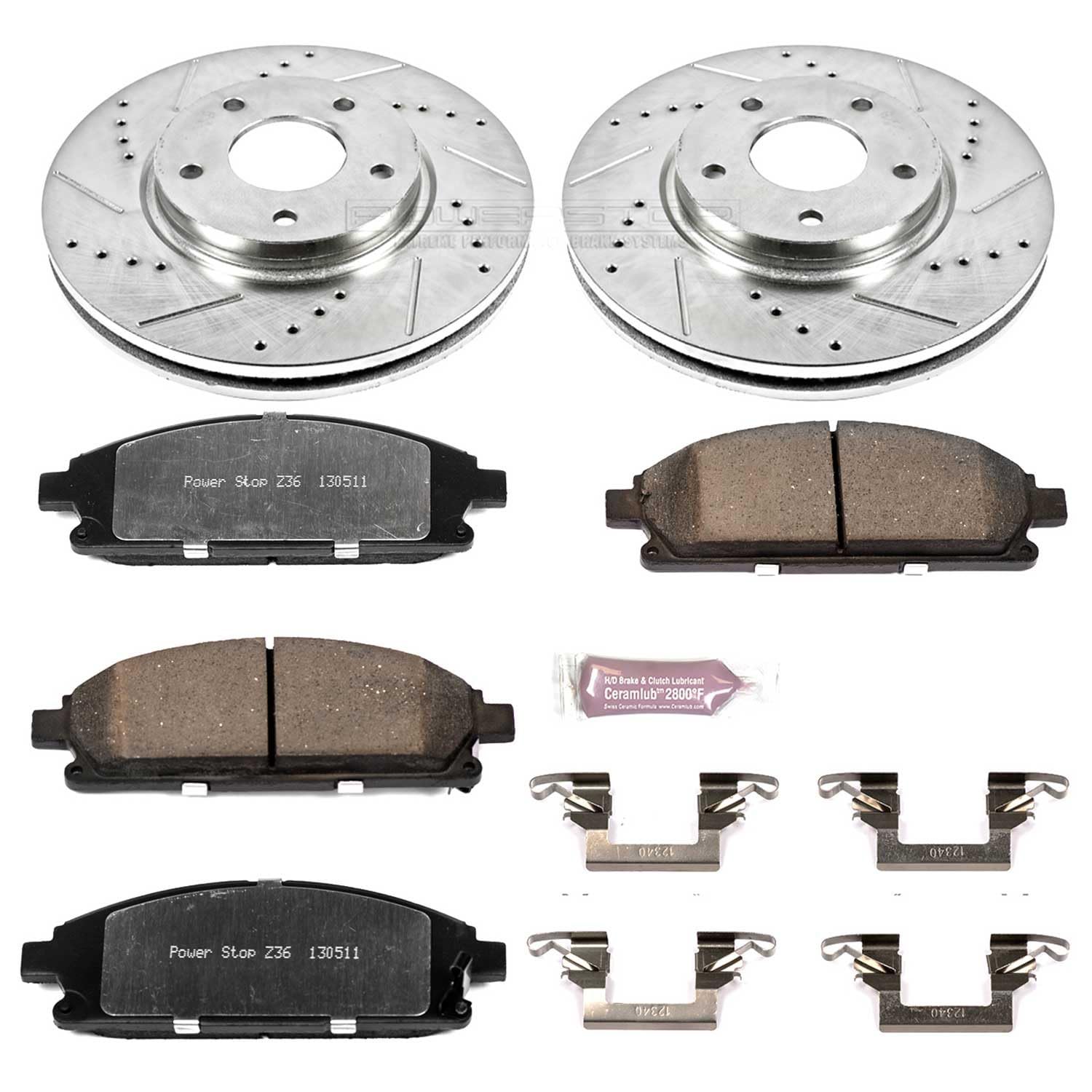 Power Stop Front Brake Kit For 2004 2005 2006 2007 2008 2009 Nissan Quest - Carbon Fiber Ceramic Brake Pads & Truck & Tow Drilled and Slotted Rotors Replacement, K150-36