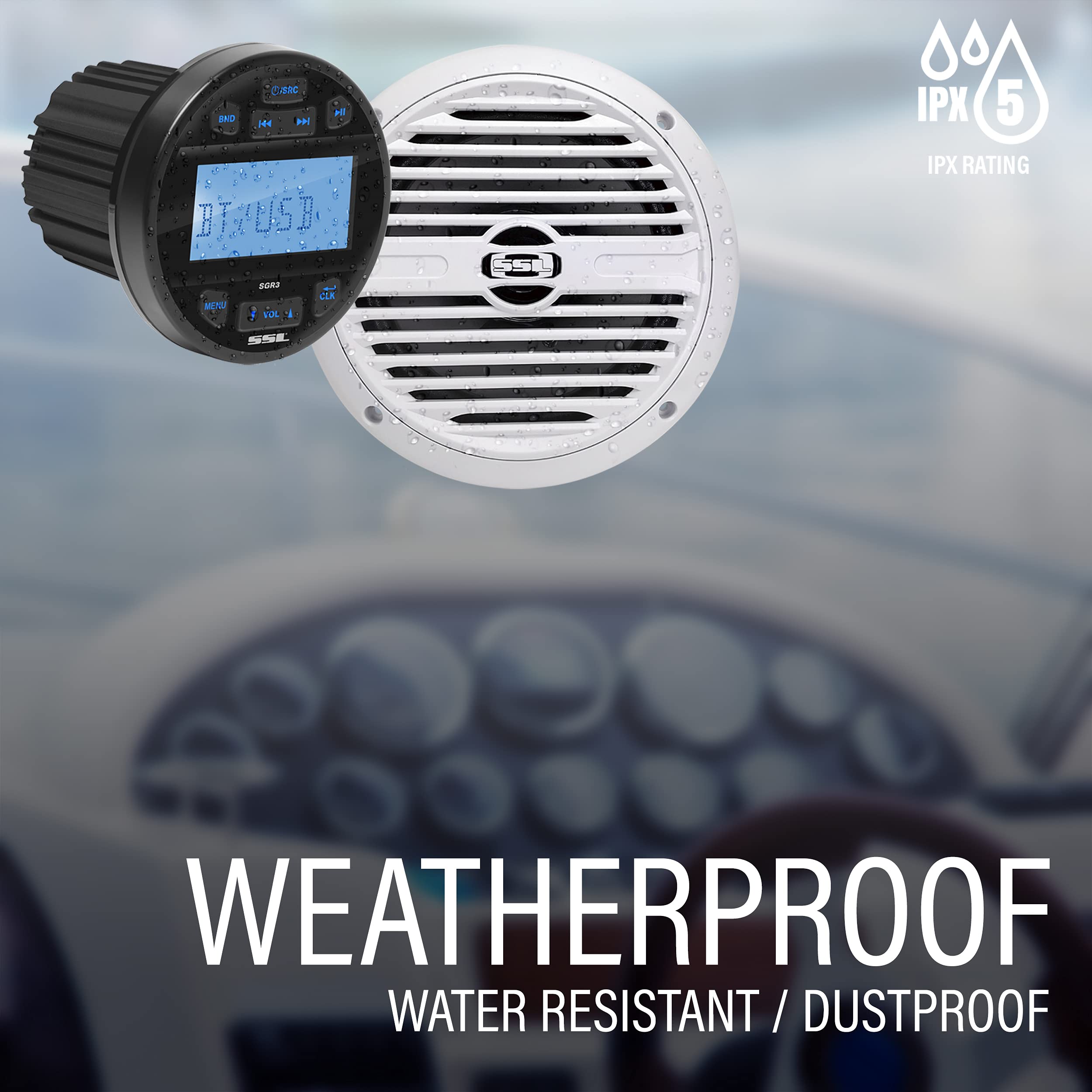 Sound Storm Laboratories Weatherproof SGR3.64 Marine Receiver and Speaker Package - IPX6 Rated Receiver, Bluetooth, USB, AM/FM Tuner, No CD Player, 6.5 Inch 2-Way Speakers x 4, Dipole Antenna