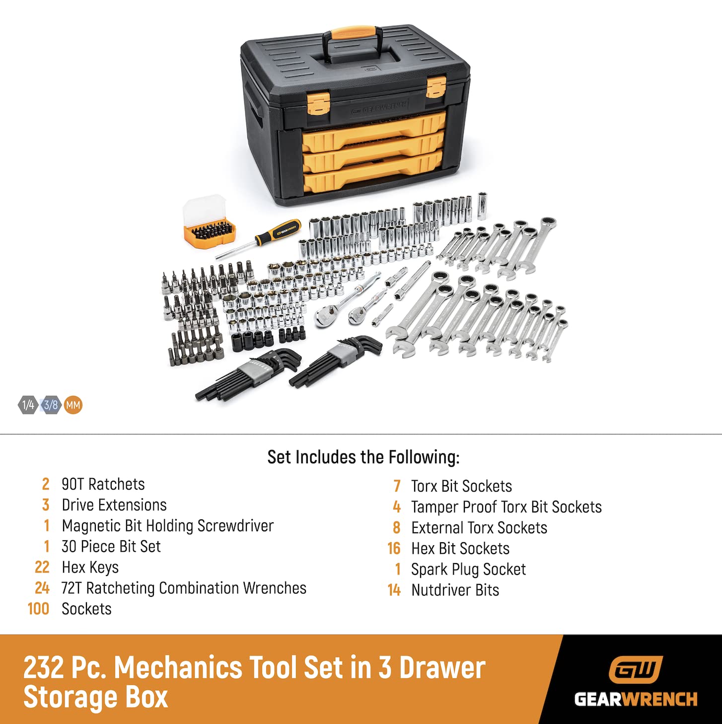3 Drawer Storage Box GEARWRENCH Mechanics Tool Set, 232 Piece