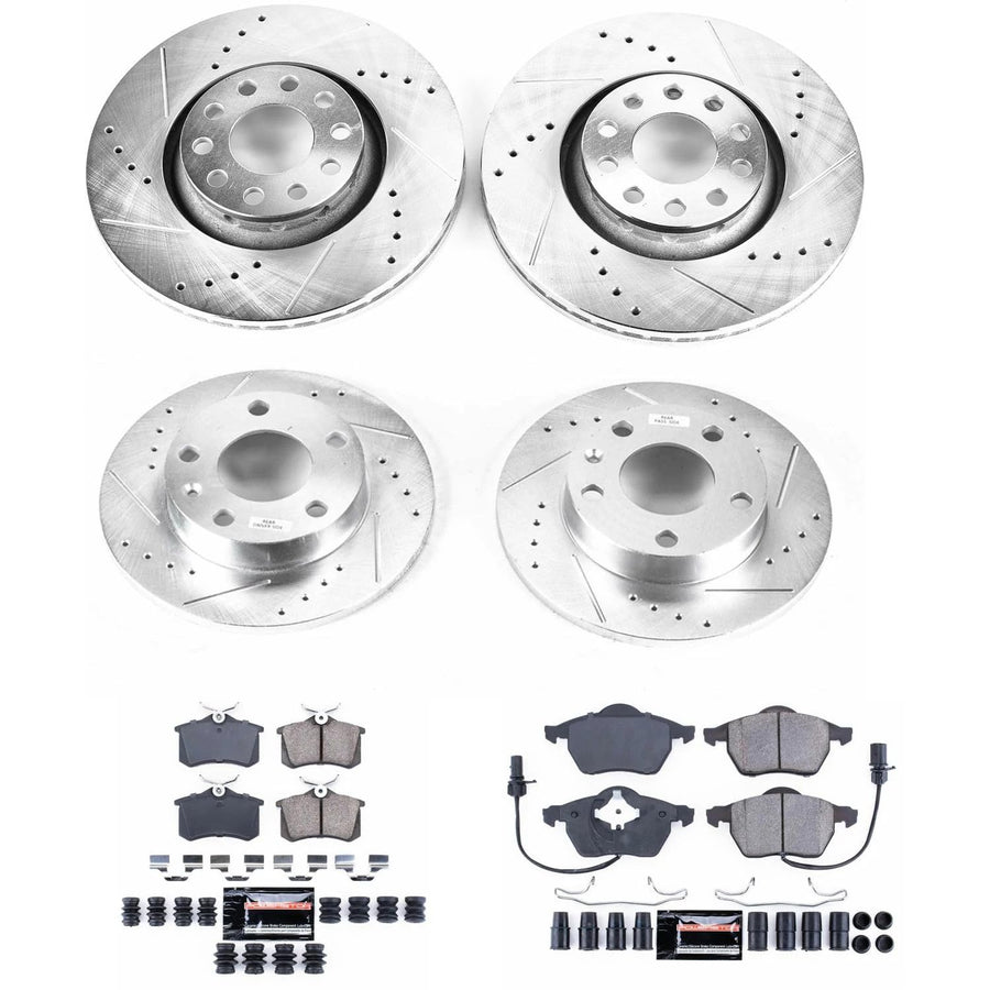 Power Stop K7919 Z23 Carbon Fiber Brake Pads Front and Rear with Drilled & Slotted Brake Rotors Kit For Audi A4 Quattro 2004-2005 [Model Specific]