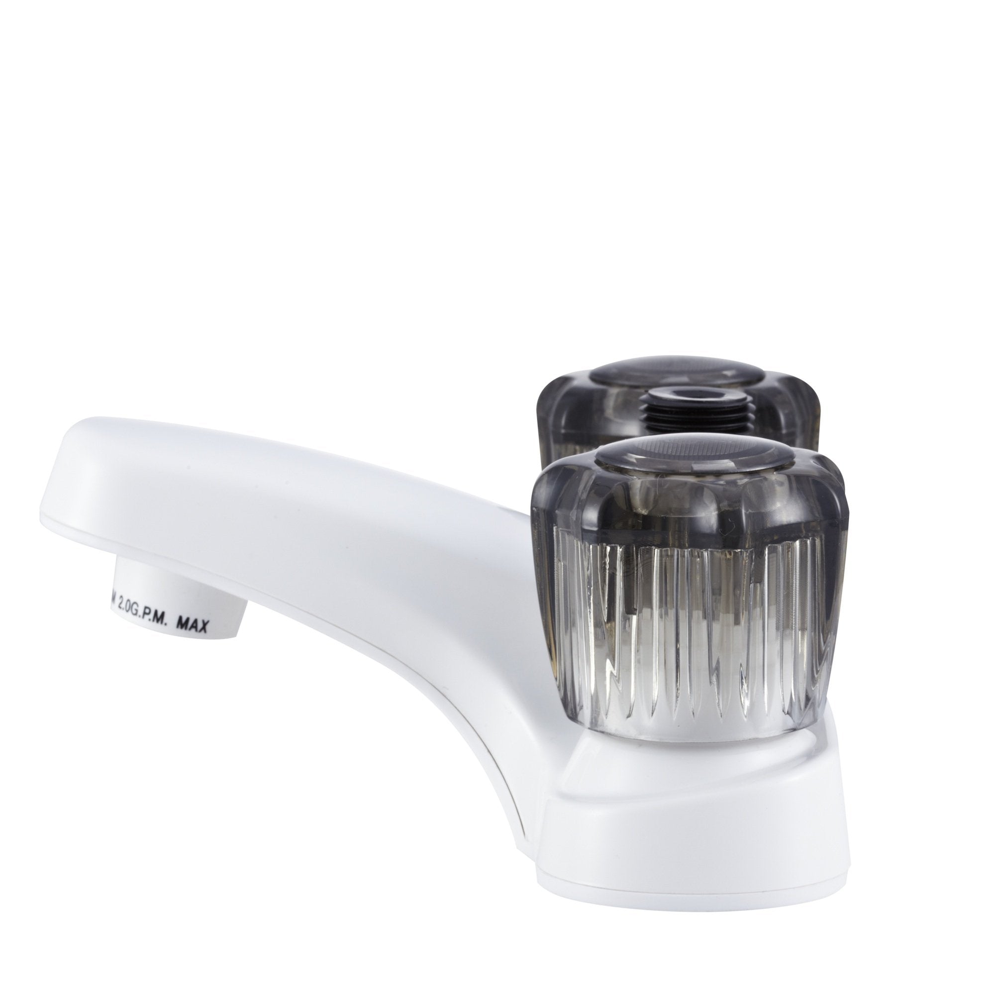 Dura Faucet RV Bathroom Faucet DF-PL720S-WT with Smoked Acrylic Knobs and Shower Hose Diverter (White)