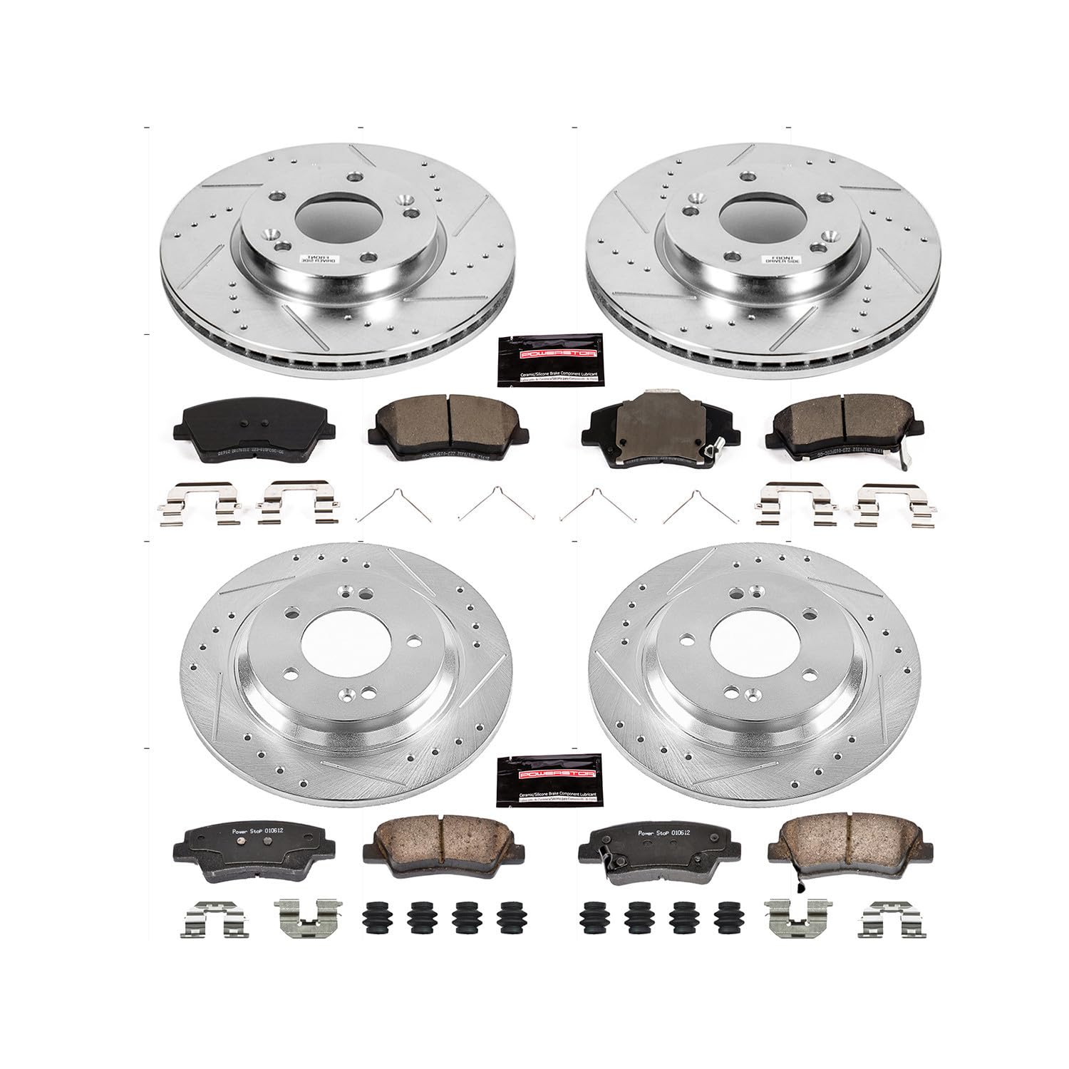 Power Stop K7580 Z23 Carbon Fiber Brake Pads Front and Rear with Drilled & Slotted Brake Rotors Kit For Hyundai Elantra GT 2018 [Vehicle Specific]