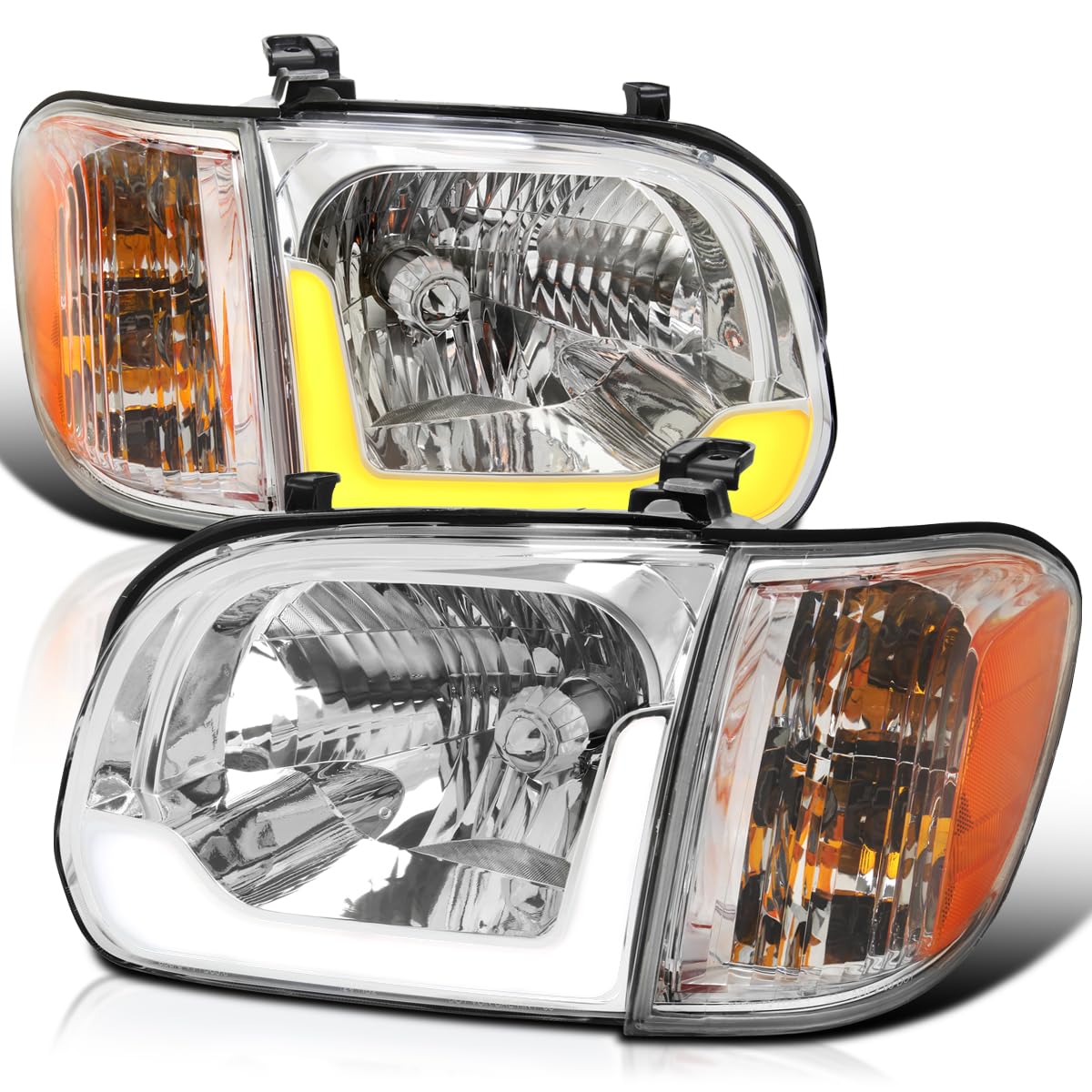 LED Switchback Sequential Headlights + Corner Lights SPEC-D TUNING Compatible with 2005-2006 Toyota Tundra, Left + Right Pair Headlamp Assembly
