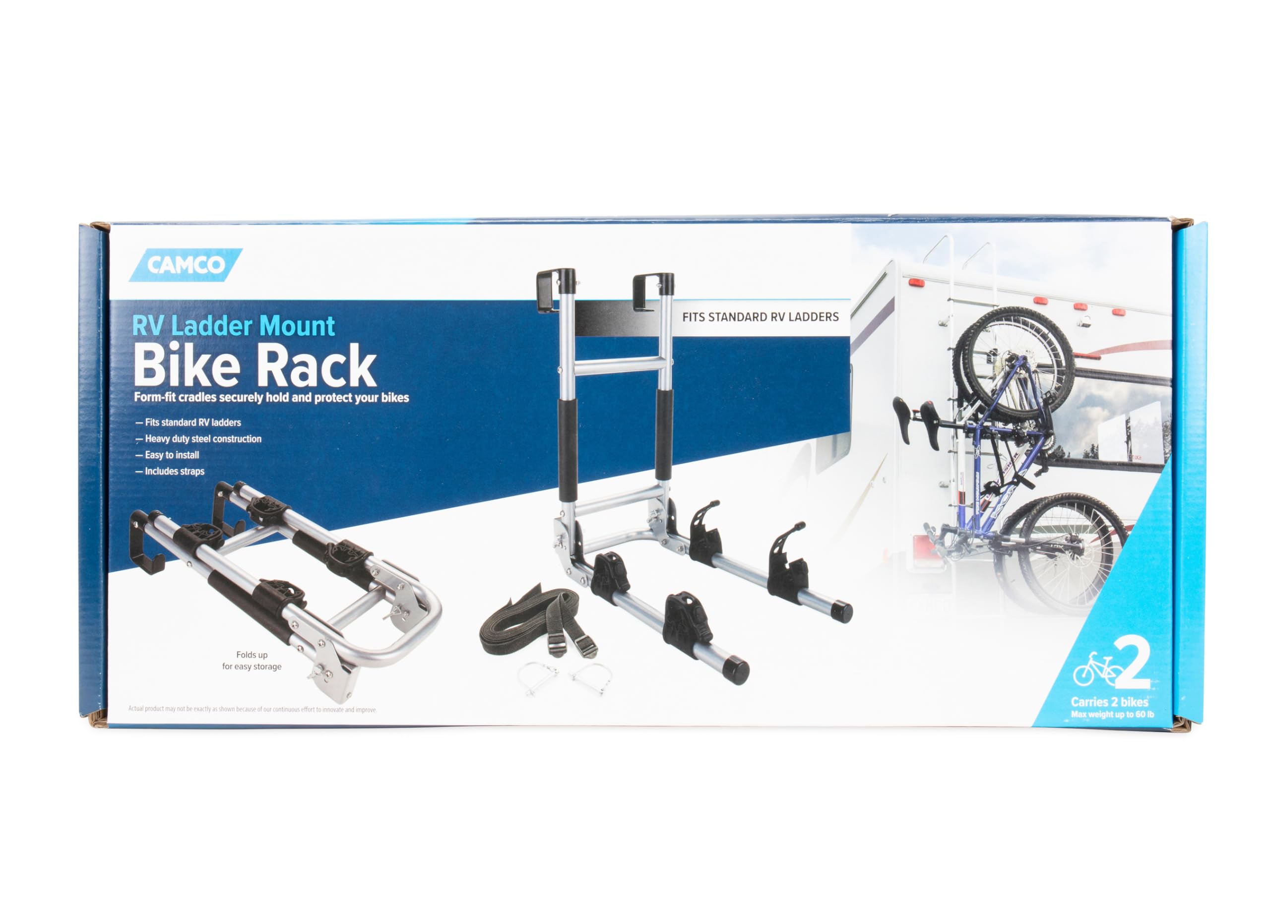 RV Ladder Mount Camco Bike Rack - Easily Holds 2 Bikes & Folds for Convenient RV Storage - Max Weight Capacity of 60 lbs - Designed w/Heavy Duty Steel (51492)