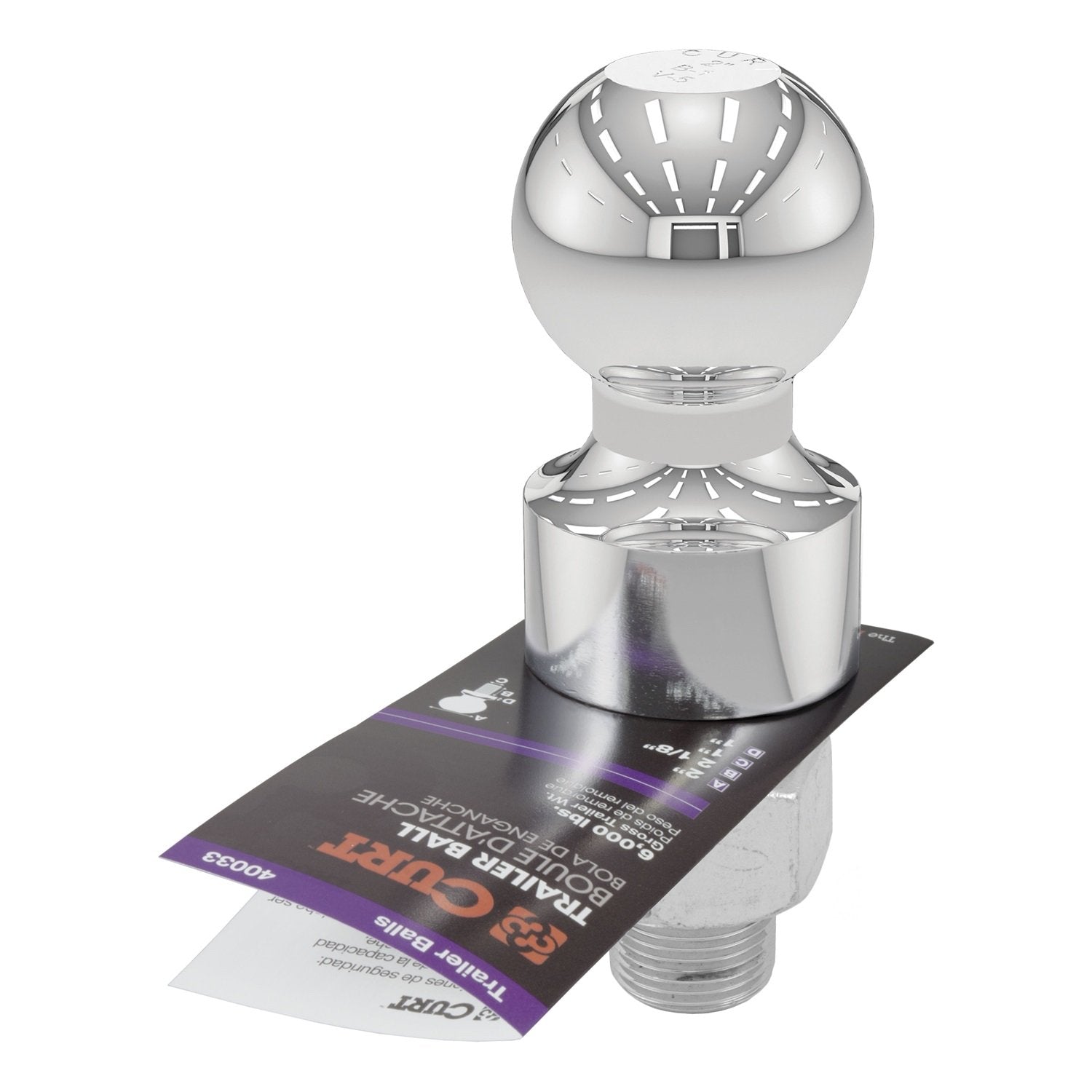 CURT Chrome Trailer Hitch Ball 40033, 6,000 lbs, 1-Inch Rise, 2-Inch Diameter, 1 x 2-1/8-Inch Shank