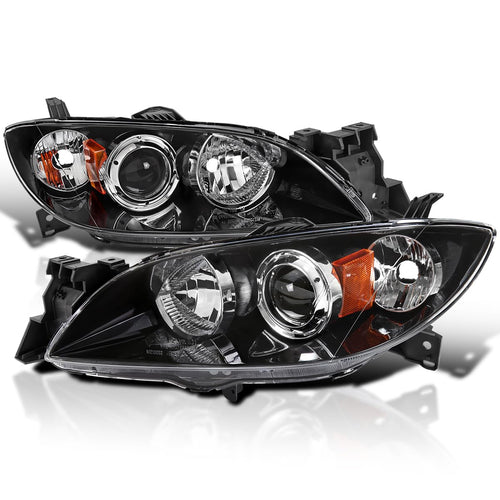 Halogen Projector Headlights SPEC-D TUNING Black Compatible with 2004-2009 Mazda 3 4Dr Sedan, Left + Right Pair Headlamps Assembly
