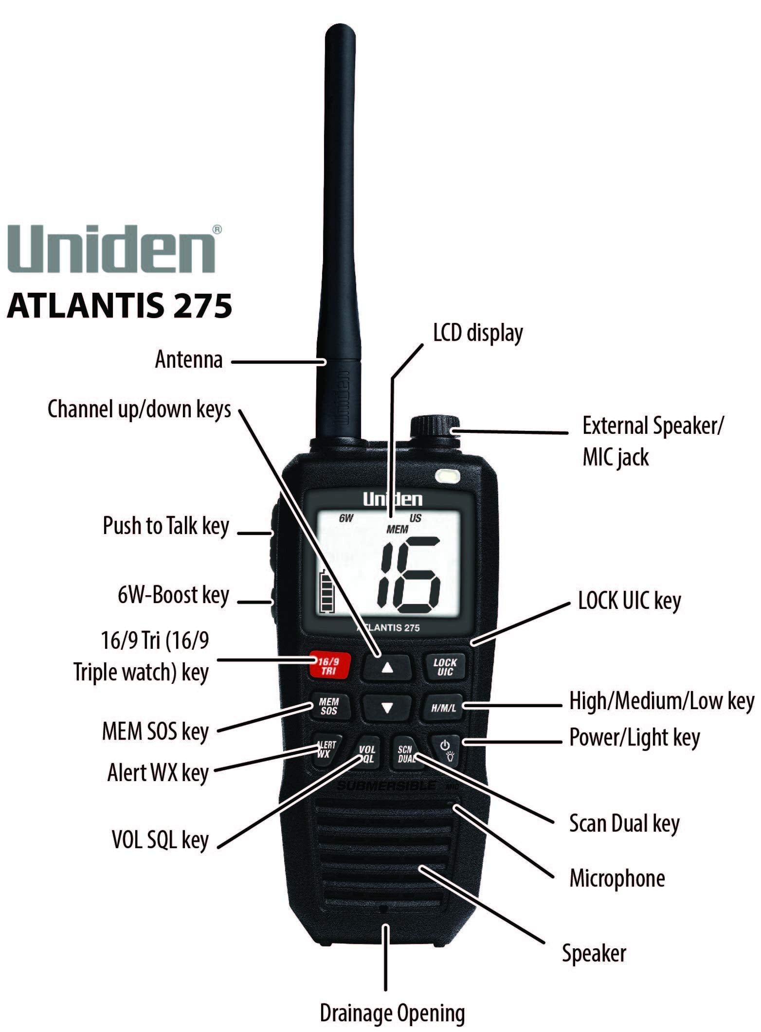 Atlantis 275 Uniden Handheld Two-Way VHF Marine Radio, Floating IPX8 Submersible Waterproof, Large Dual-Color Screen, 6-Watt, All USA/International/Canadian Marine Channels, NOAA Weather Alerts