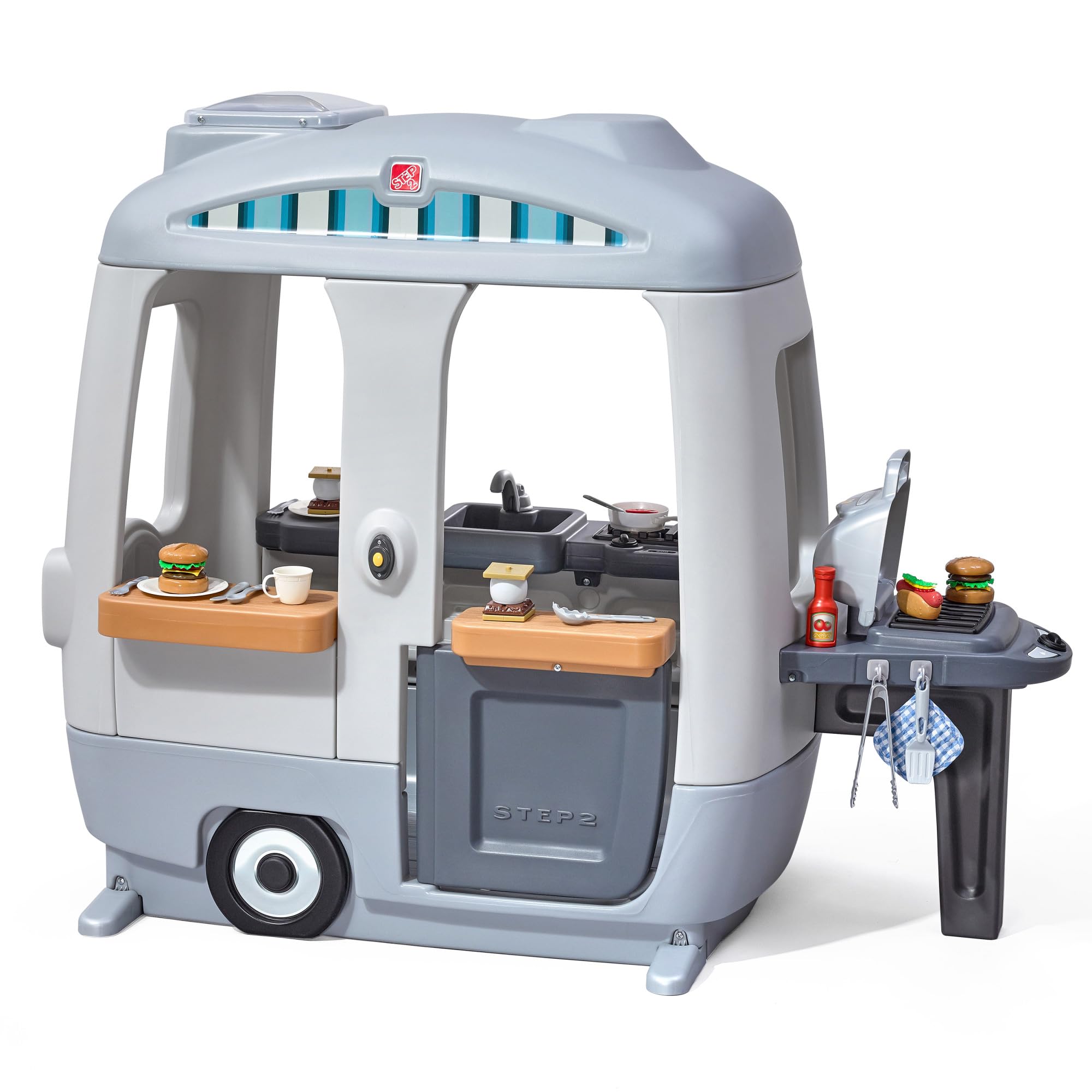 Step2 Kids Adventure Camper Playhouse, Indoor/Outdoor Playset with Kitchenette, Interactive Doorbell Sounds, 52-Piece Toy Accessories, Durable Plastic, For Toddlers 2+ Years