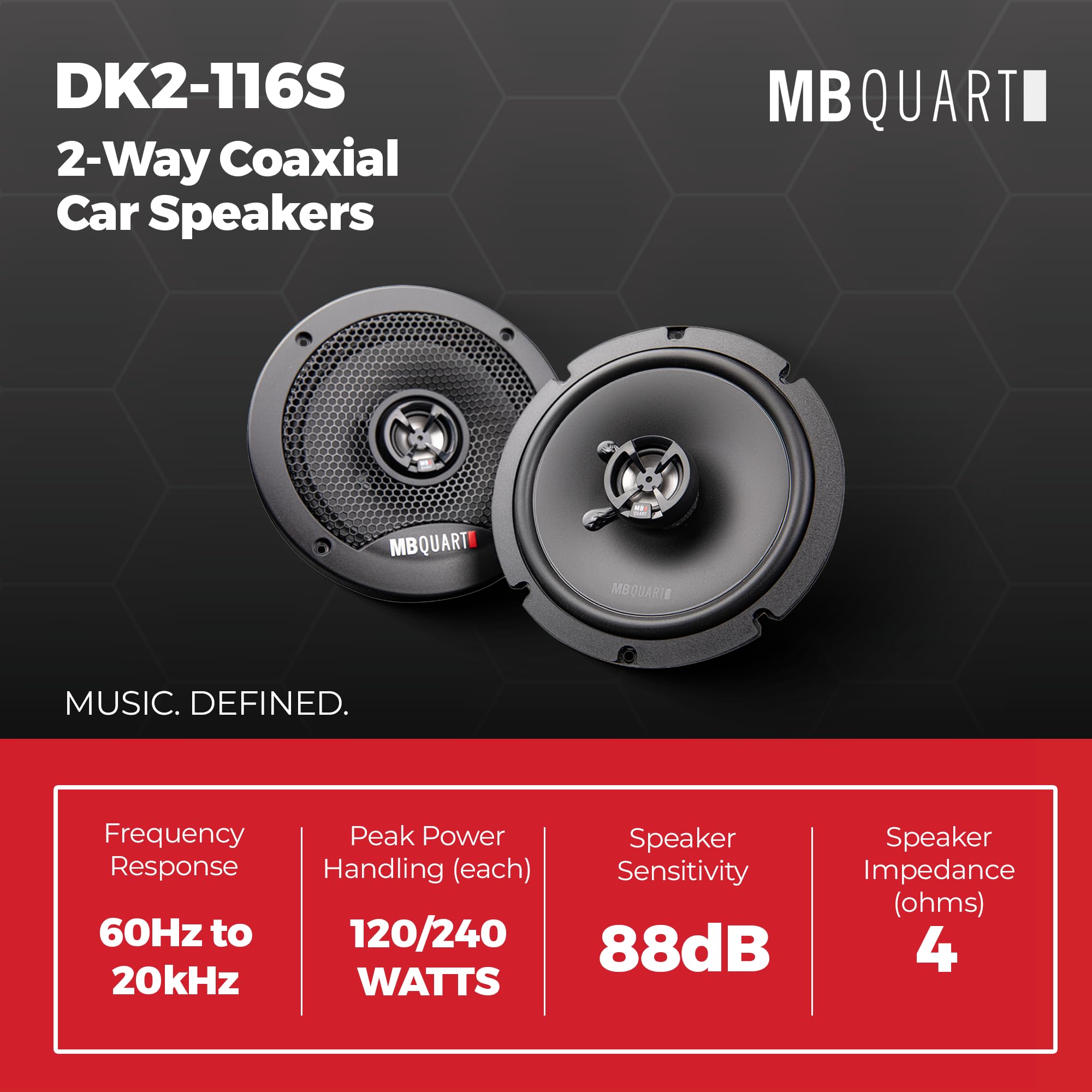 6.5-Inch MB Quart DK2-116S Discus Shallow Mount 2-Way Coaxial Speakers, 60/120W RMS System Power, Aluminum Dome Tweeters, Butyl Rubber Surrounds