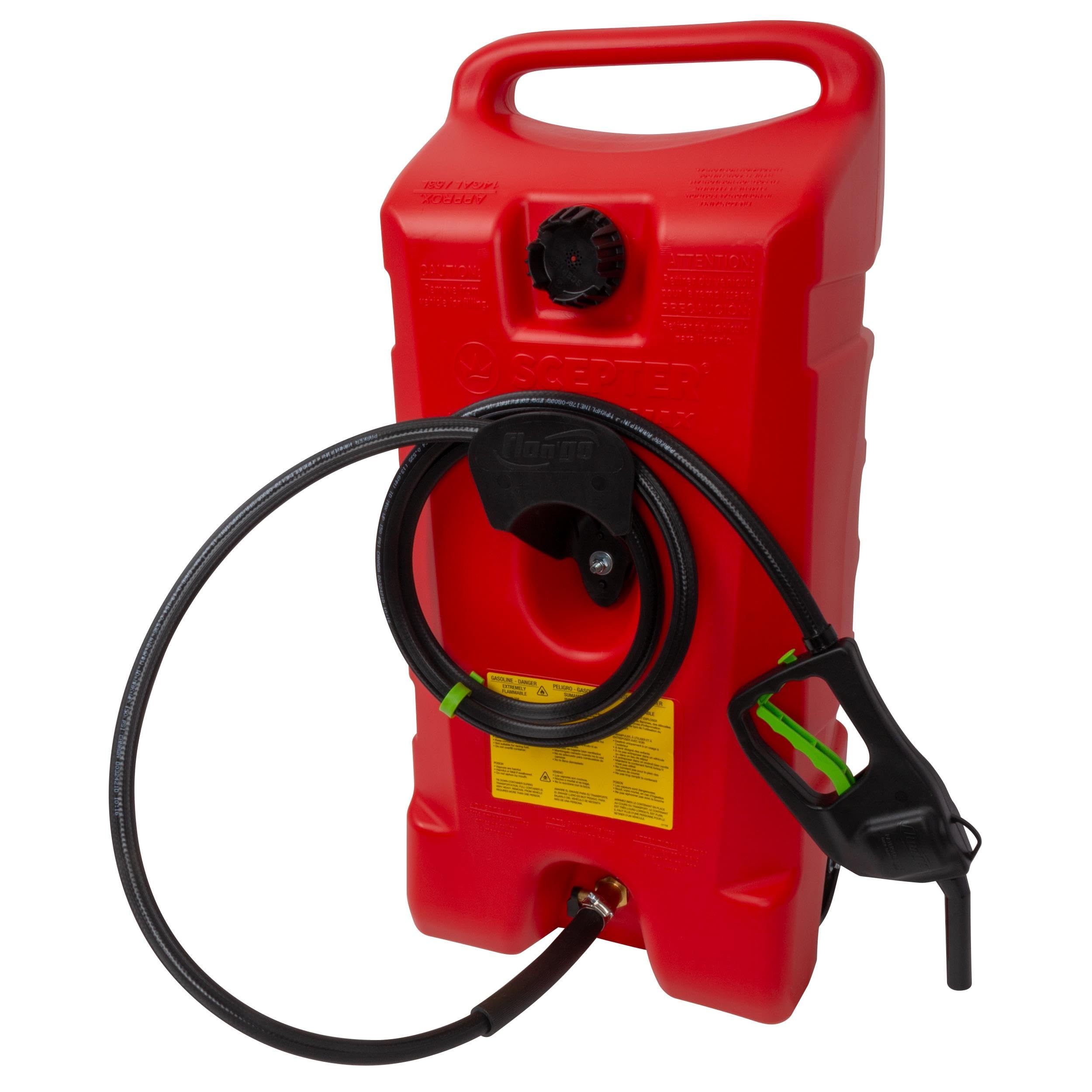 Scepter 14 Gallon Duramax Flo ’N Go Gas Caddy, 53 Liter Portable Fuel Tank and Fuel Transfer Pump with 10-Foot Hose for Lawn Mower, Farm, Marine, Commercial, and Home Use, Gasoline Only, Red