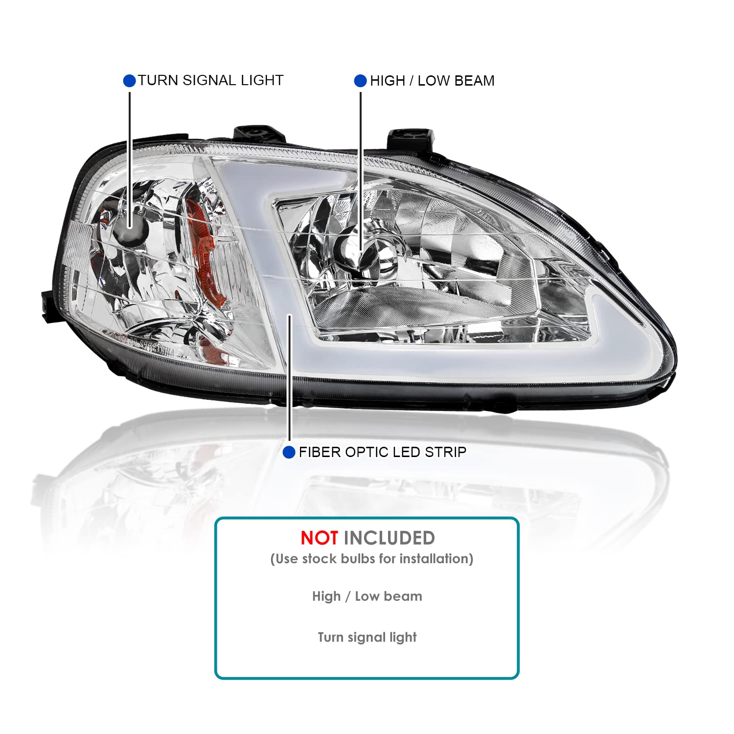 Clear Spec-D Tuning Headlights Replacement w/LED Strip Compatible with 1999-2000 Honda Civic EK/EJ/EM