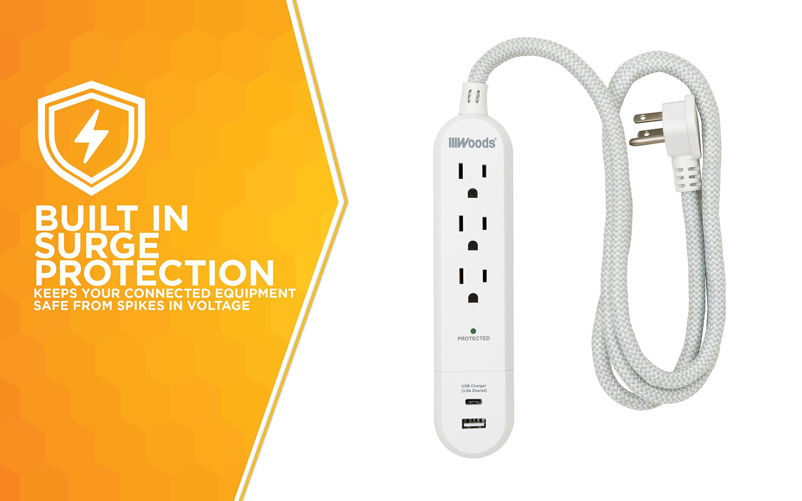 3-Outlet Surge Protector 41026 with 3.9A USB-A & USB-C Charger, 250 Joules of Surge Protection and 4' Braided Fabric Cord