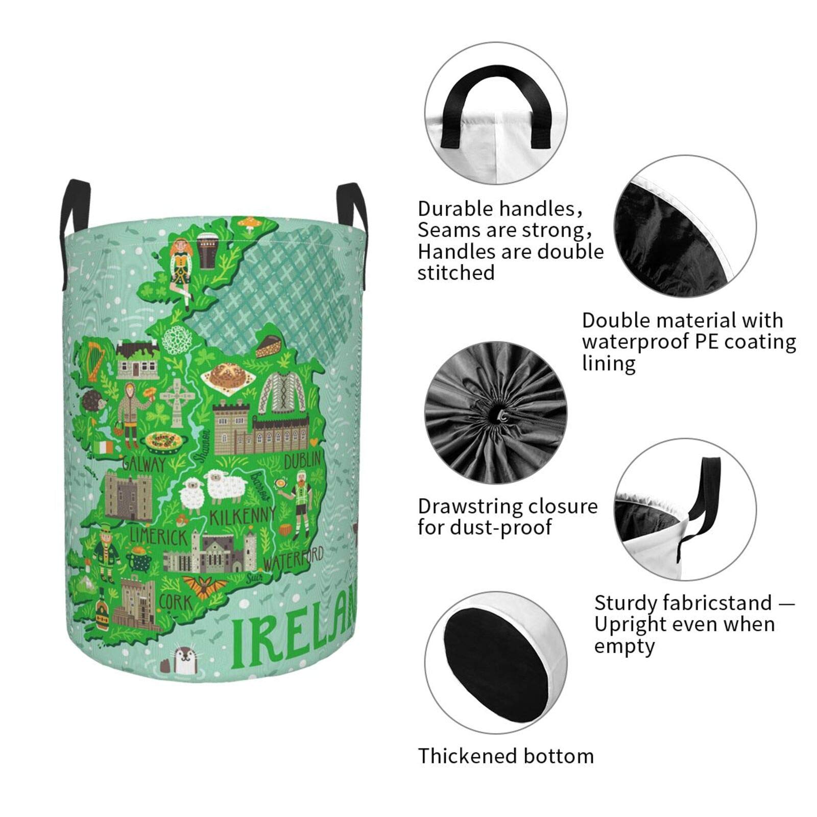 Map Of Ireland Travel Large Storage Baskets With Irish Castles People Symbols Traditional Food (1),Drawstring Waterproof Round Collapsible Laundry Hamper for Dirty Clothes Toy Home Office 21.6"X16.5"