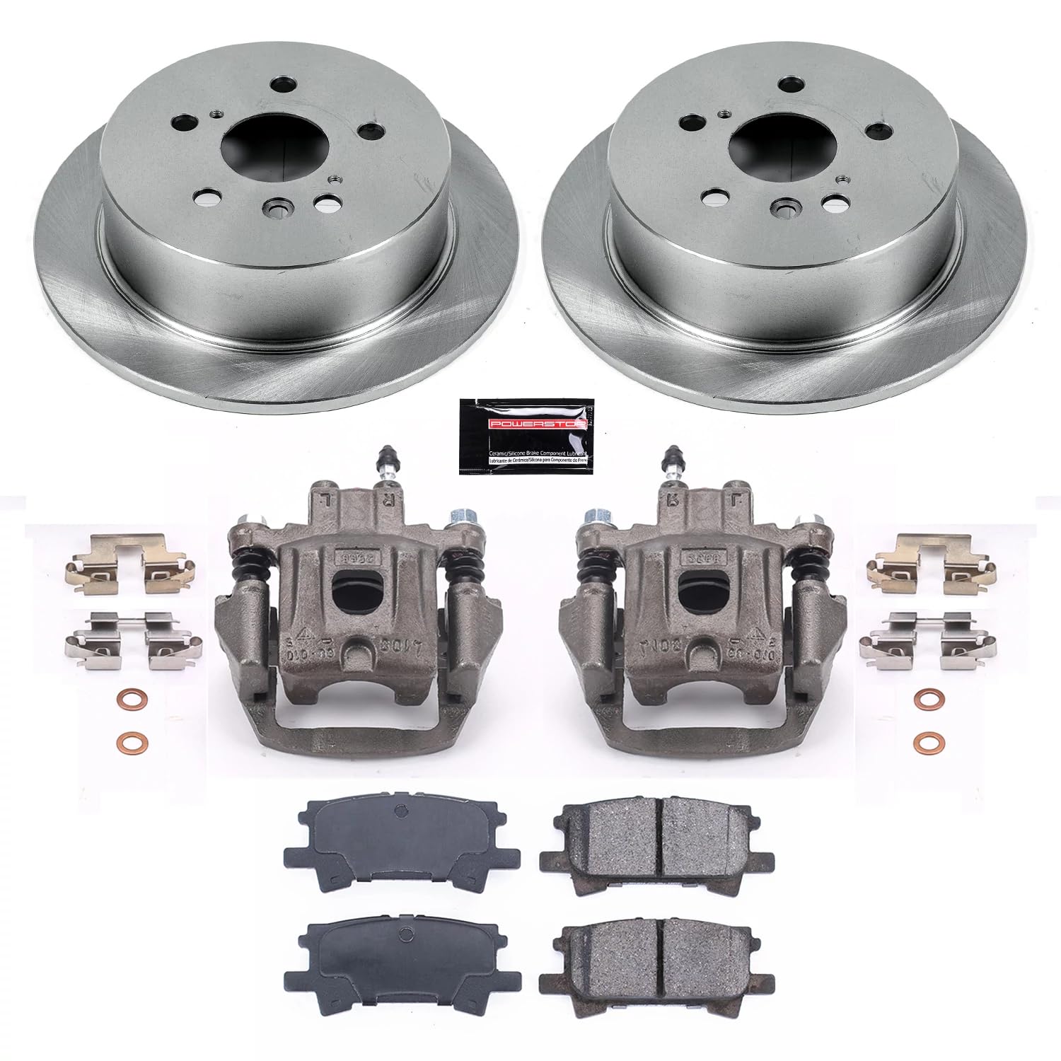 Power Stop KCOE5333A Replacement Autospeciality Rear Caliper Kit- OE Rotors, Ceramic Brake Pads, Calipers For Lexus RX330, Lexus RX350, Lexus RX400h, Toyota Highlander [Model Specific]