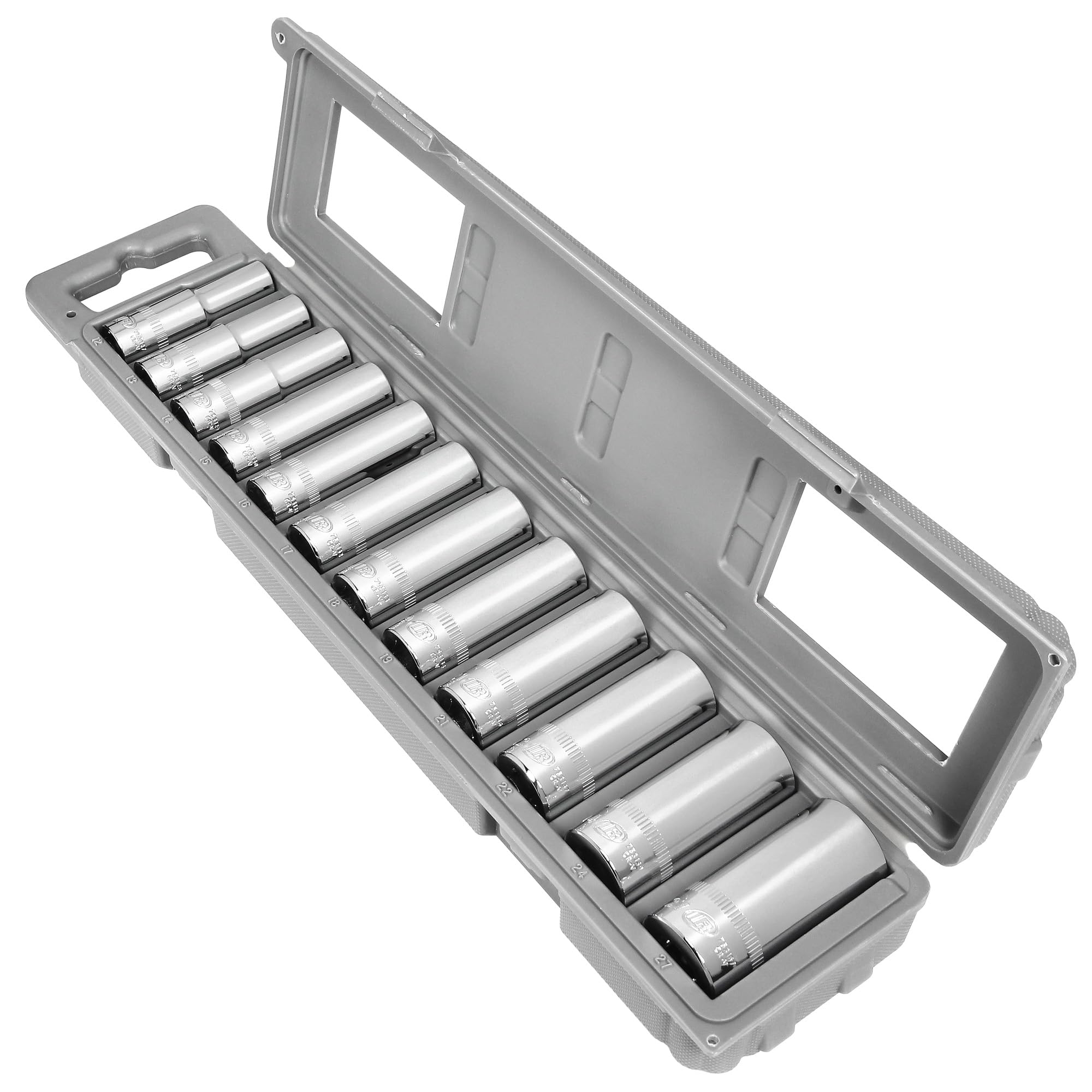 12-Piece Ingersoll Rand 1/2-Inch Drive Metric Deep Socket Set, Sizes 12mm to 27mm, 6-Point, Chrome Vanadium Steel, Mirror-Polished Finish, Includes Storage Case - 752053