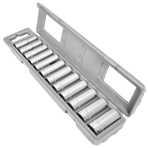 12-Piece Ingersoll Rand 1/2-Inch Drive Metric Deep Socket Set, Sizes 12mm to 27mm, 6-Point, Chrome Vanadium Steel, Mirror-Polished Finish, Includes Storage Case - 752053