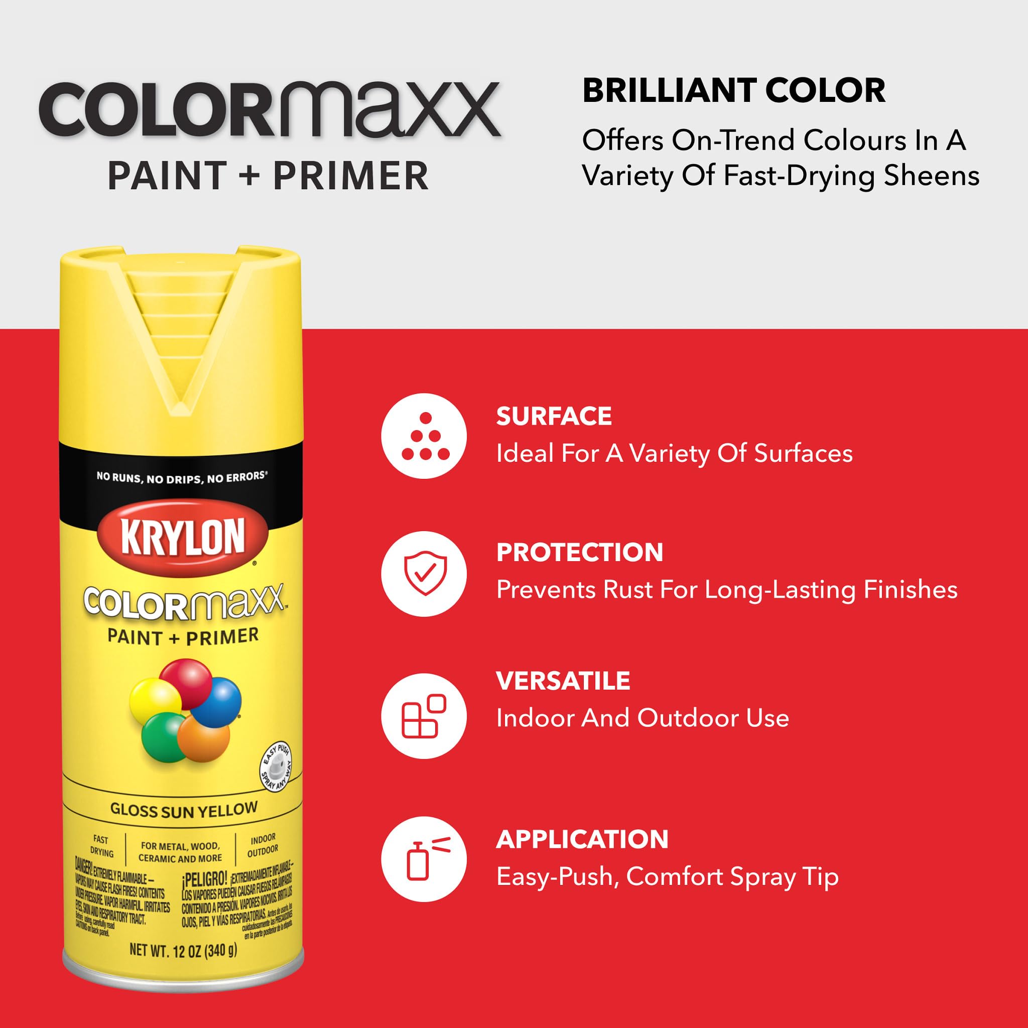 Krylon K05541007 Spray Paint and Primer COLORmaxx for Indoor/Outdoor Use, Gloss Sun Yellow, 12 Ounce (Pack of 1)